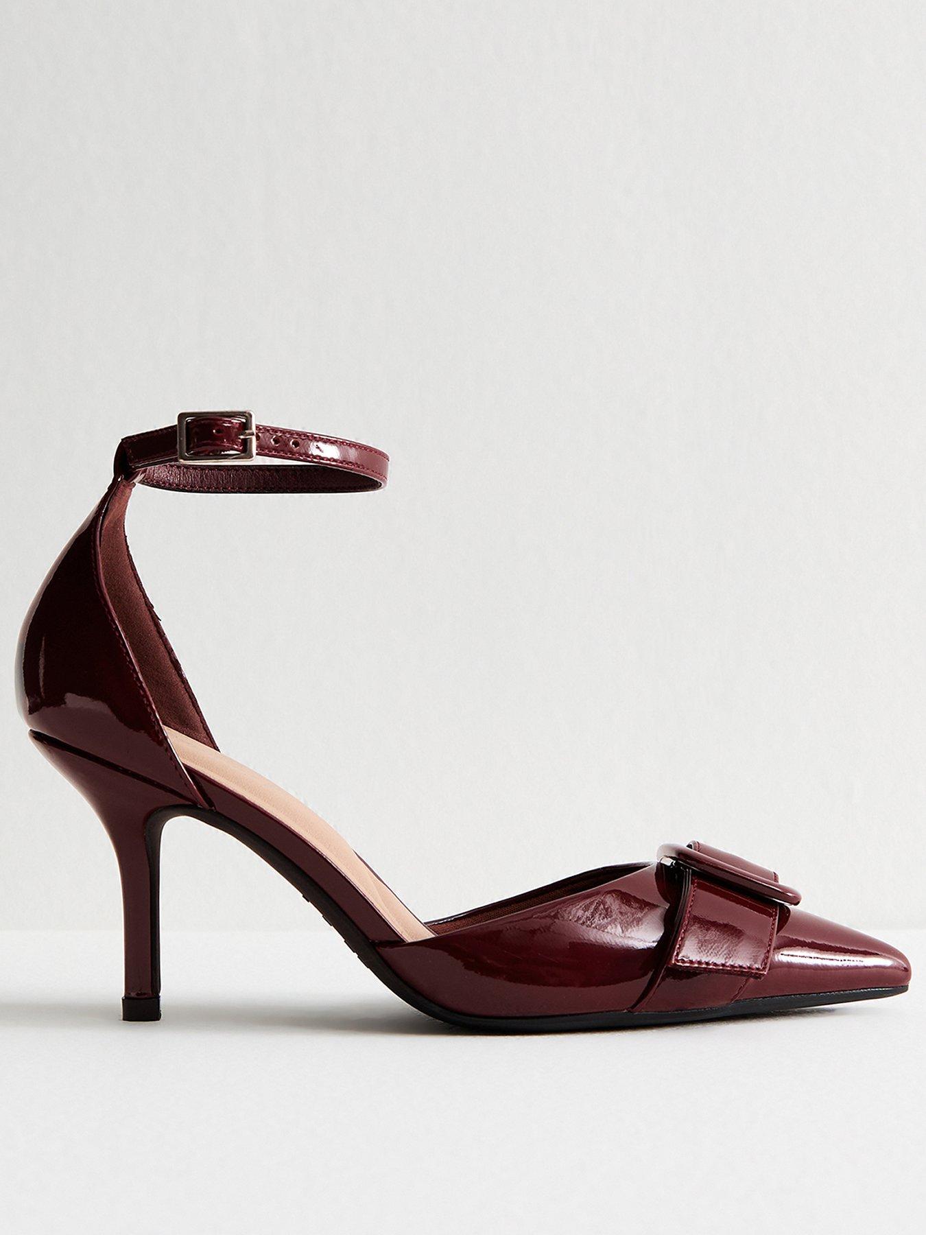 New Look Dark Burgundy Faux Patent Leather Buckle Strap Open Court Shoes