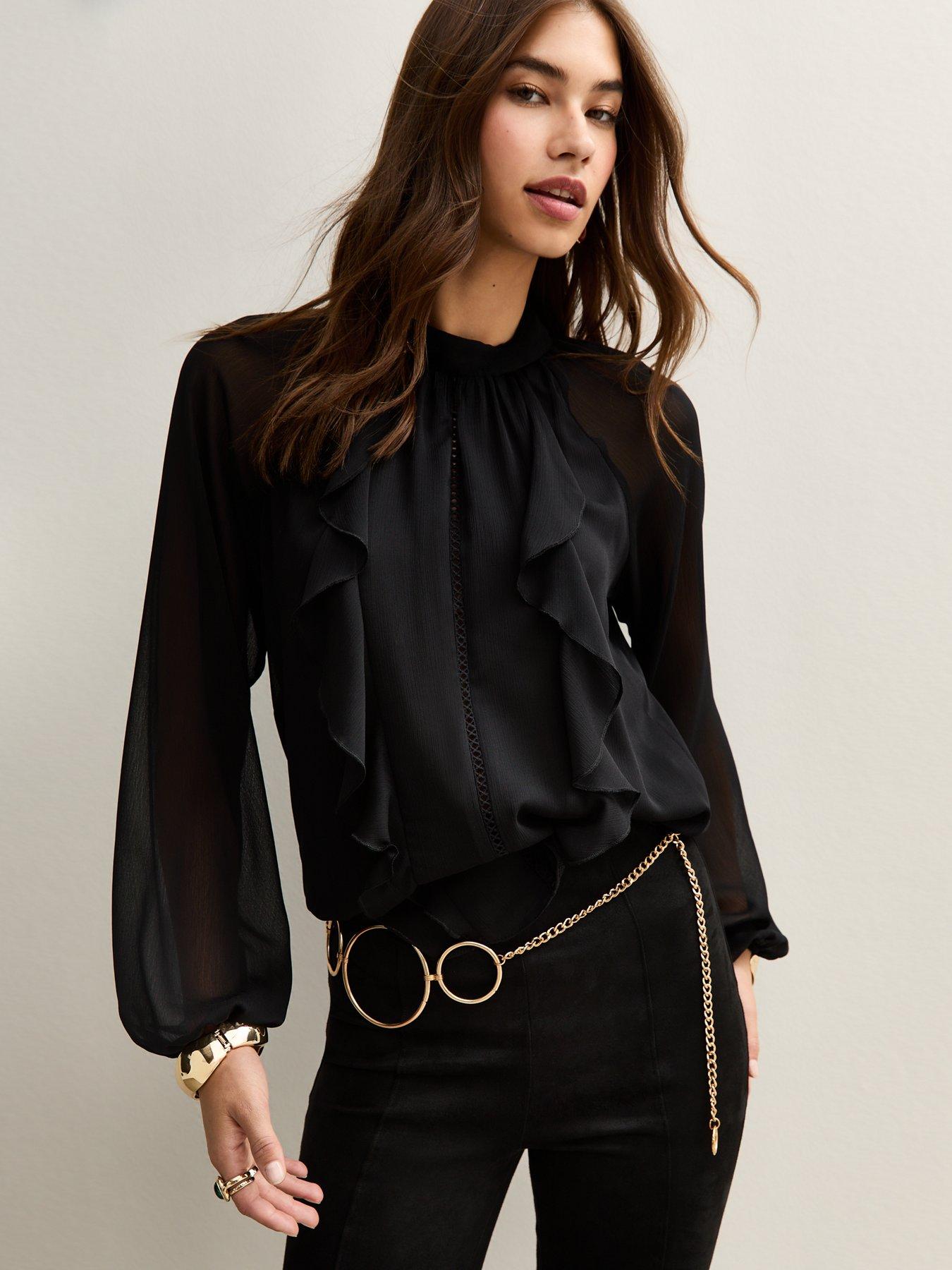 New Look Lace Insert Ruffle Trimmed Blouse - Black