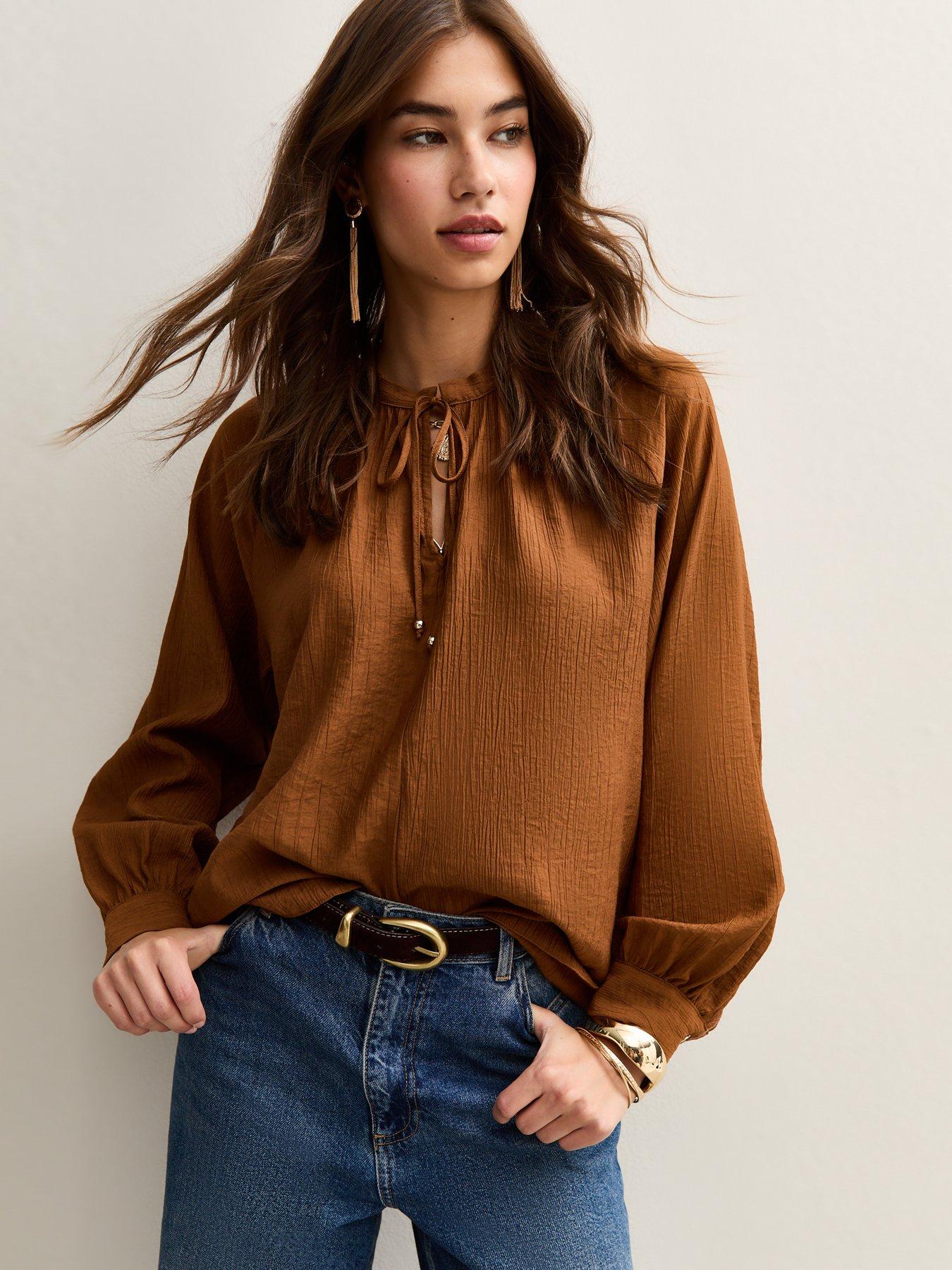 new-look-tie-neck-long-sleeve-blouse-brown