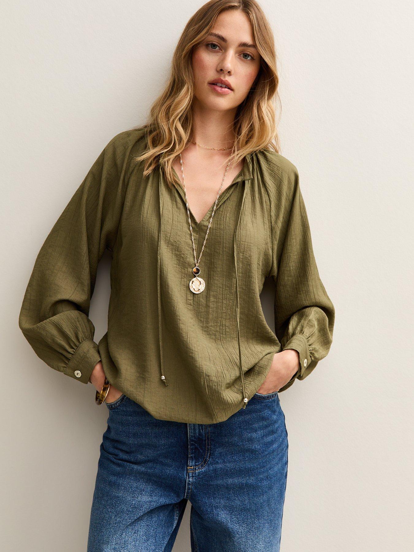 undefined Tie Neck Long Sleeve Blouse - Khaki