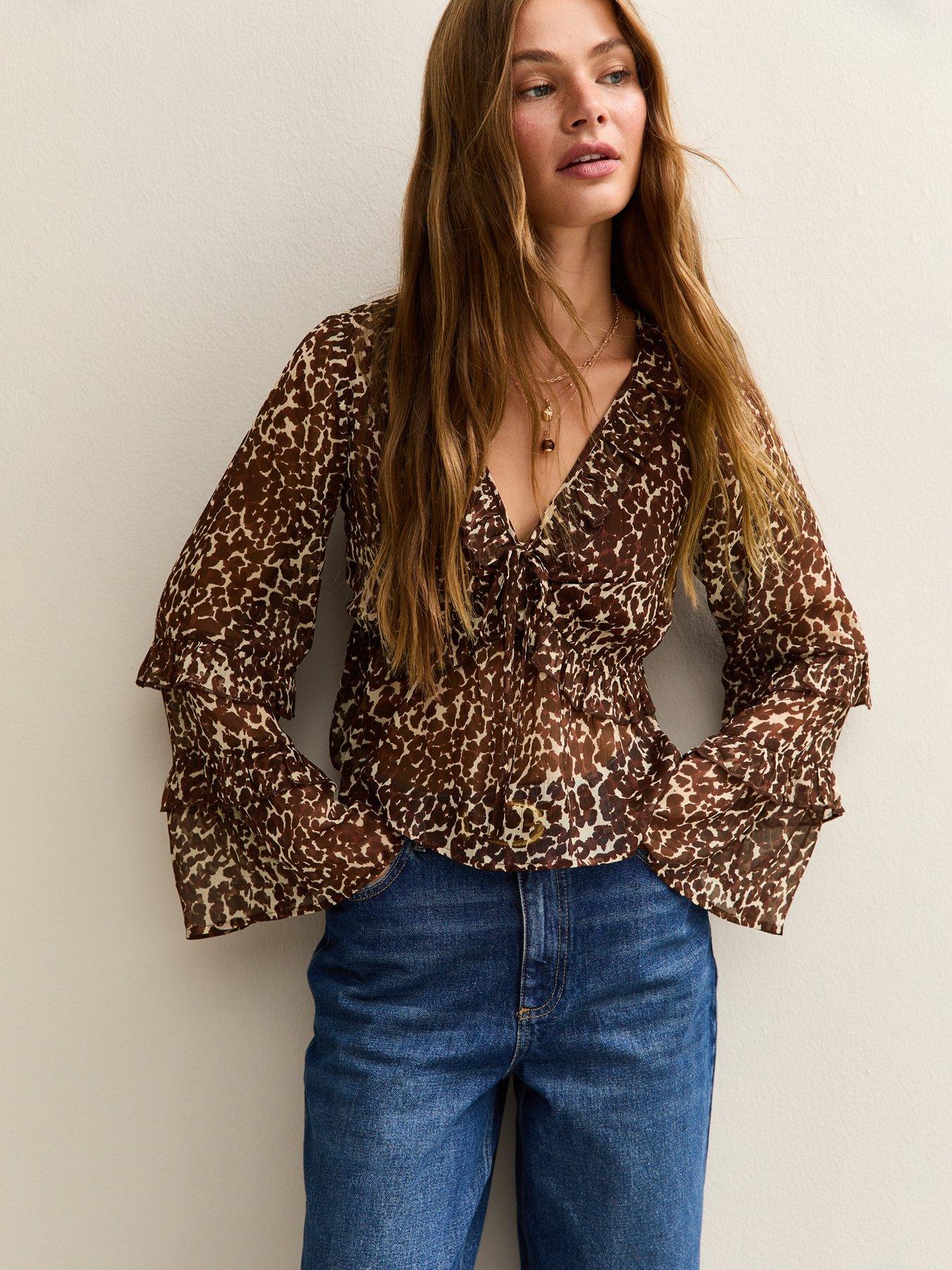 Image 1 of 5 of New Look Chiffon V-Neck Frill Blouse - Brown