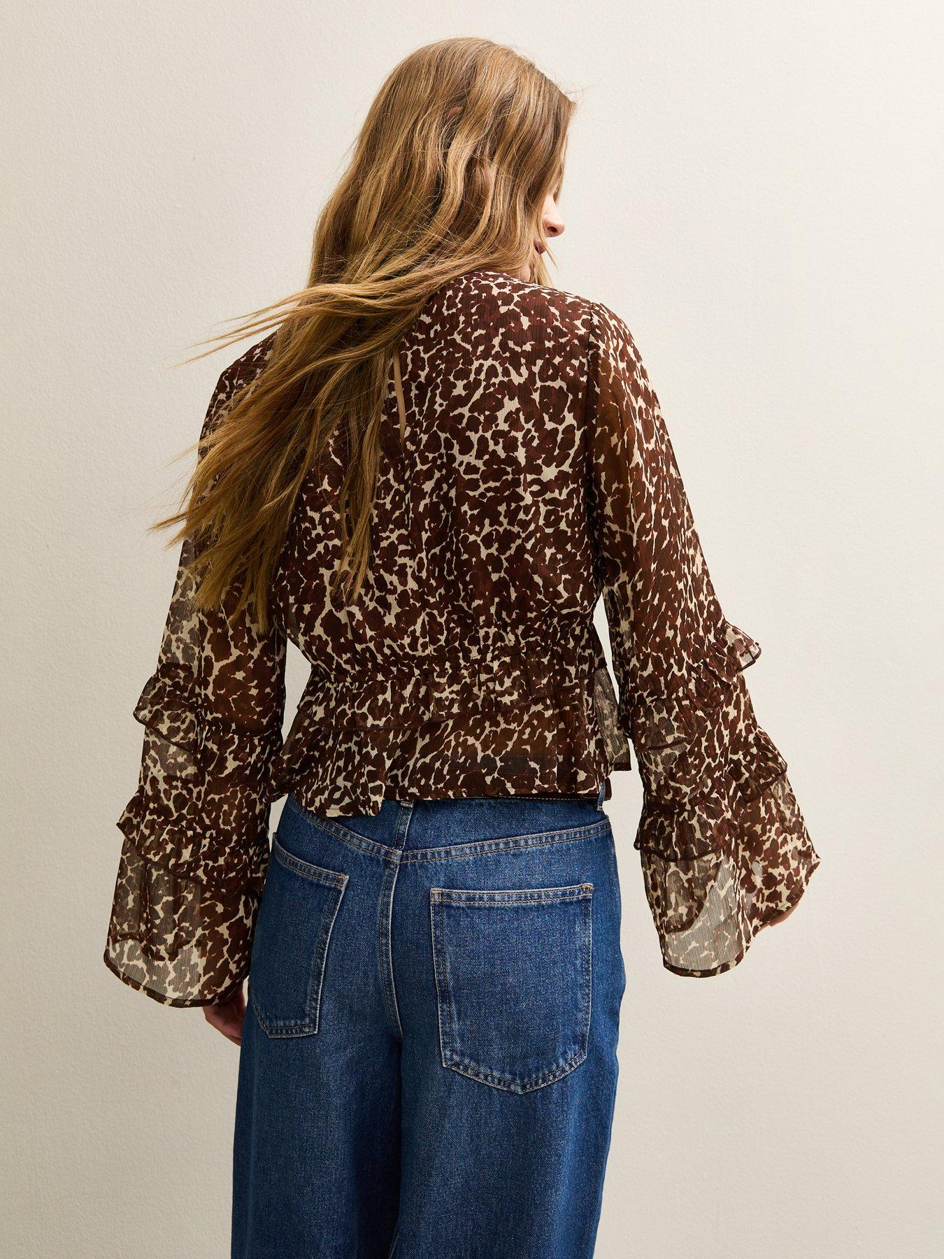Image 2 of 5 of New Look Chiffon V-Neck Frill Blouse - Brown