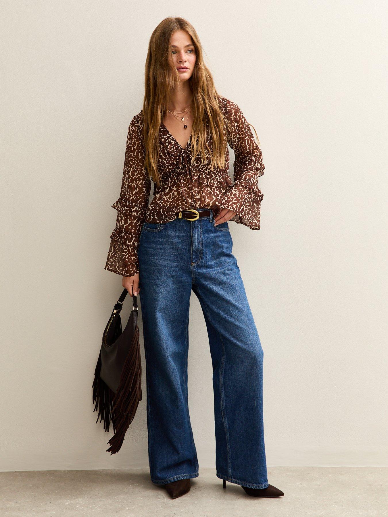 Image 3 of 5 of New Look Chiffon V-Neck Frill Blouse - Brown