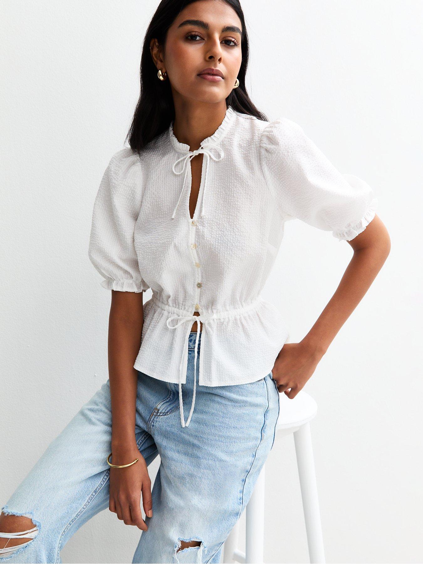 New Look Crinkled Tie Neck Top - Cream