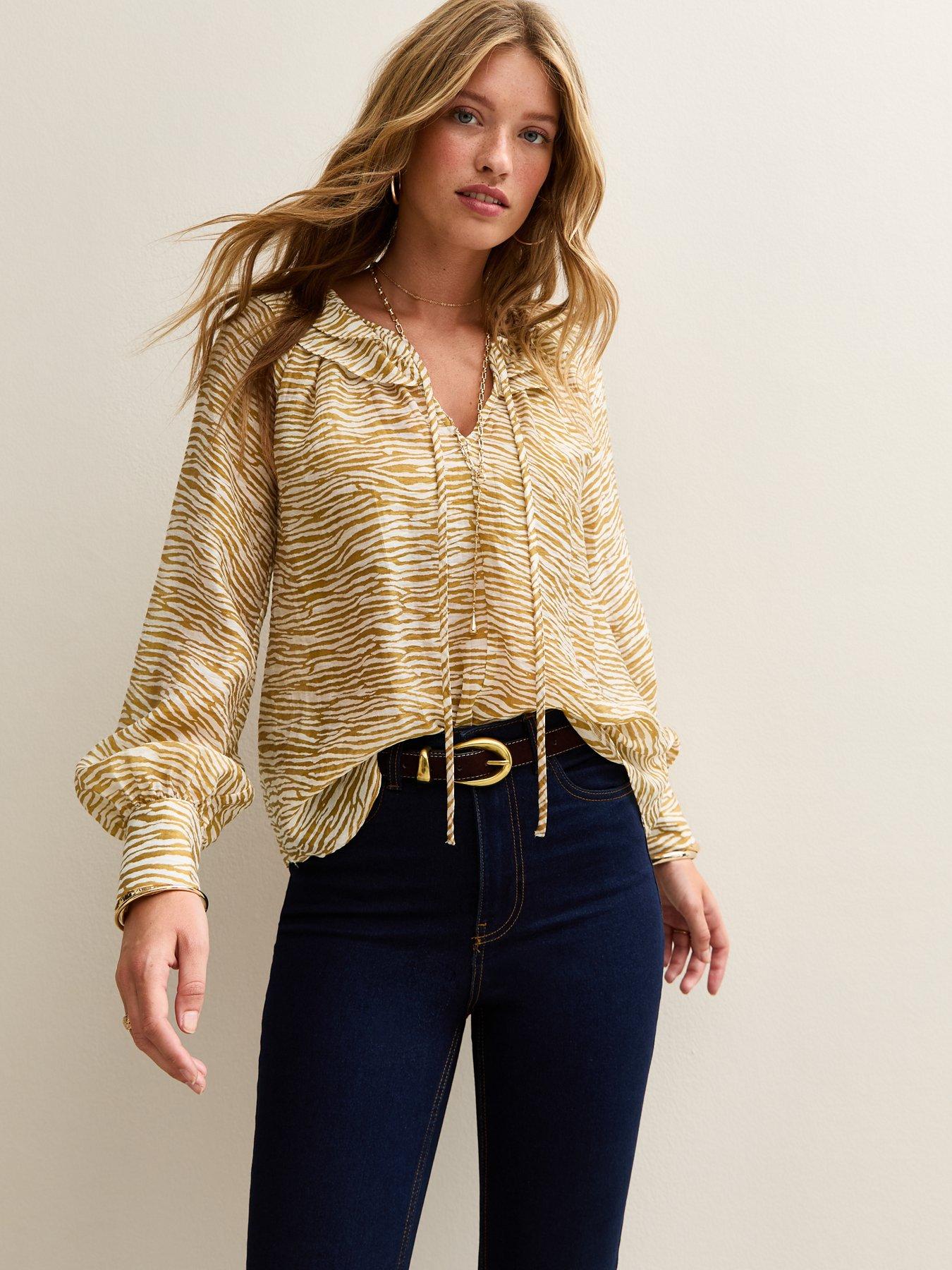 Image 1 of 4 of New Look Zebra Frill Long Sleeve Blouse - Yellow