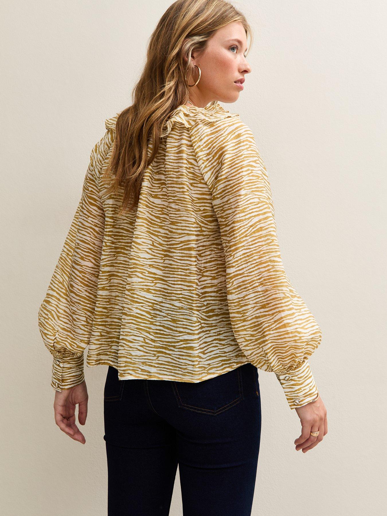 Image 2 of 4 of New Look Zebra Frill Long Sleeve Blouse - Yellow
