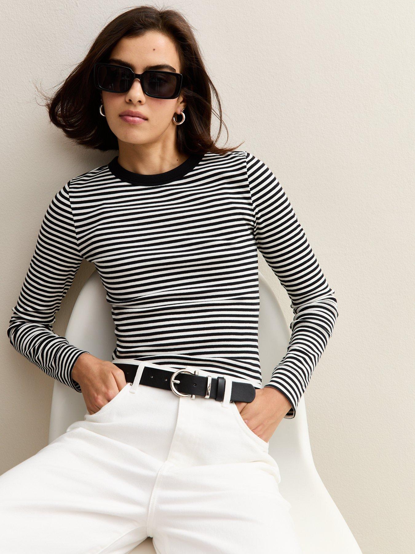 New Look Black and White Striped Long Sleeve Ribbed Jersey Top