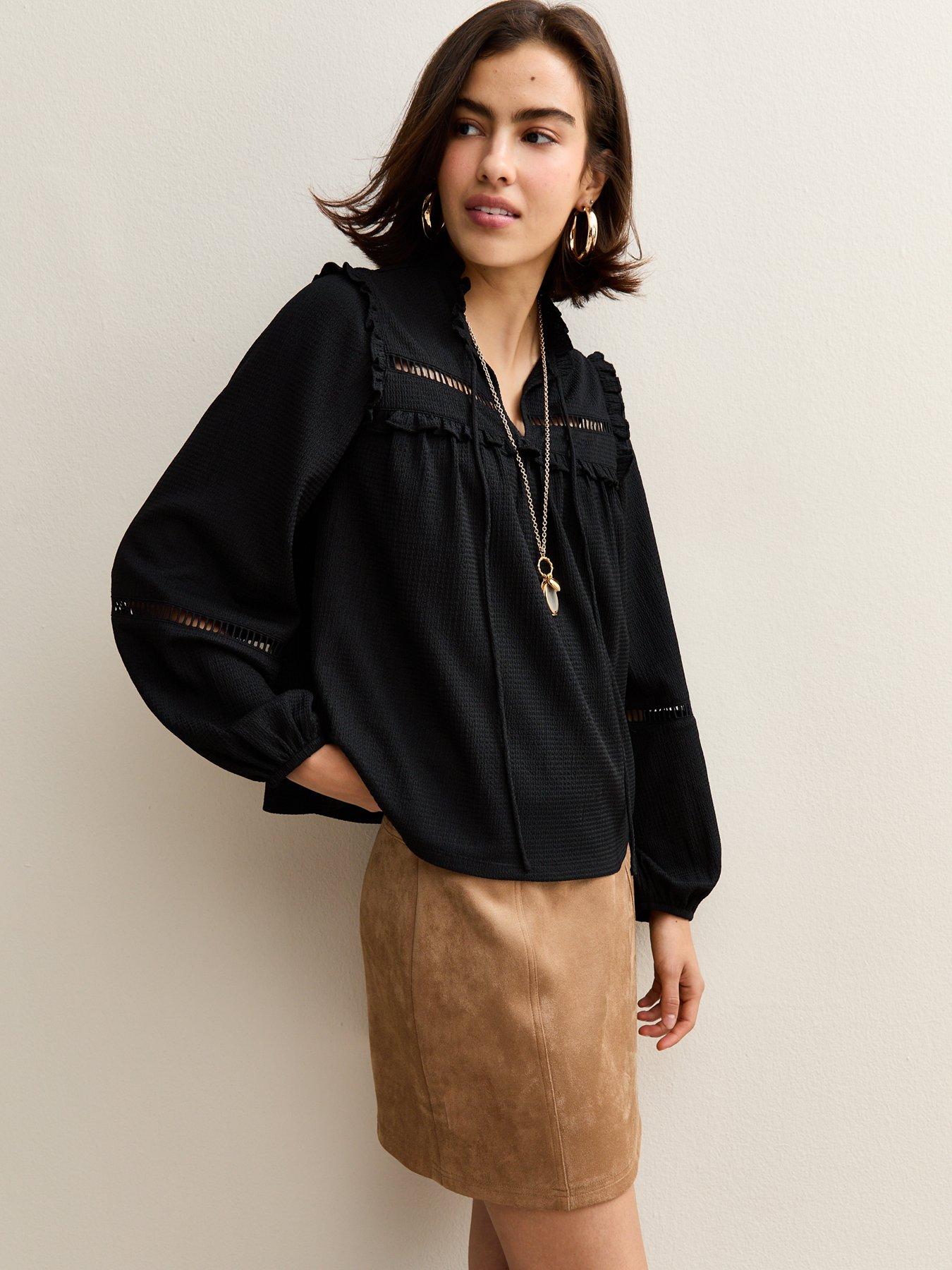 Image 1 of 4 of New Look Black Ladder Insert Tie Neck Blouse