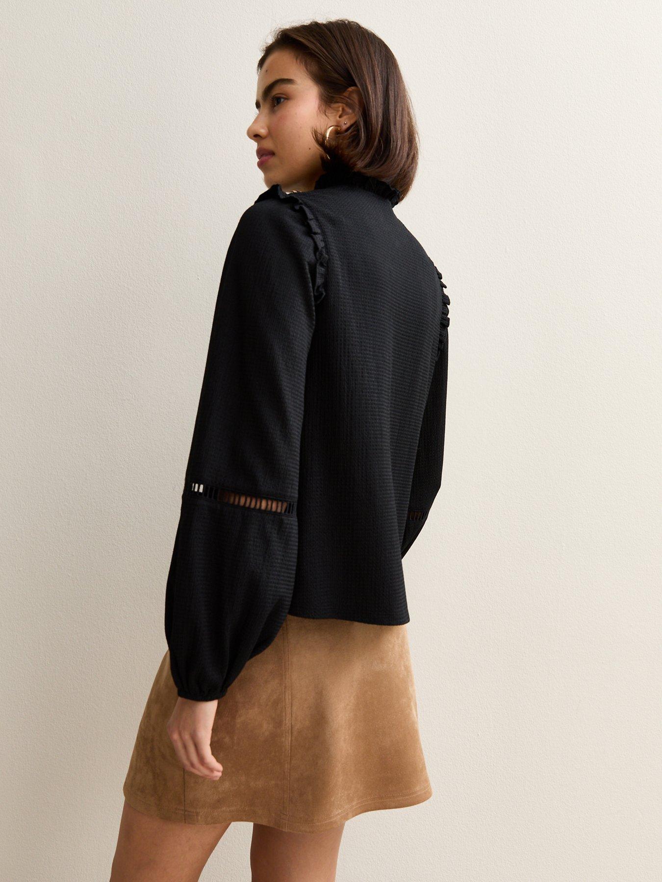 Image 2 of 4 of New Look Black Ladder Insert Tie Neck Blouse