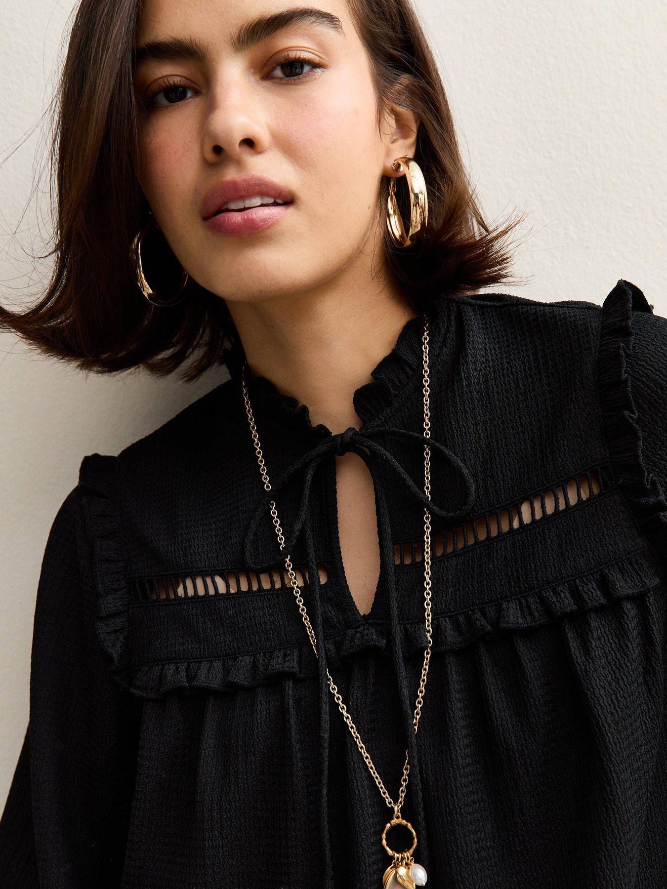 Image 4 of 4 of New Look Black Ladder Insert Tie Neck Blouse