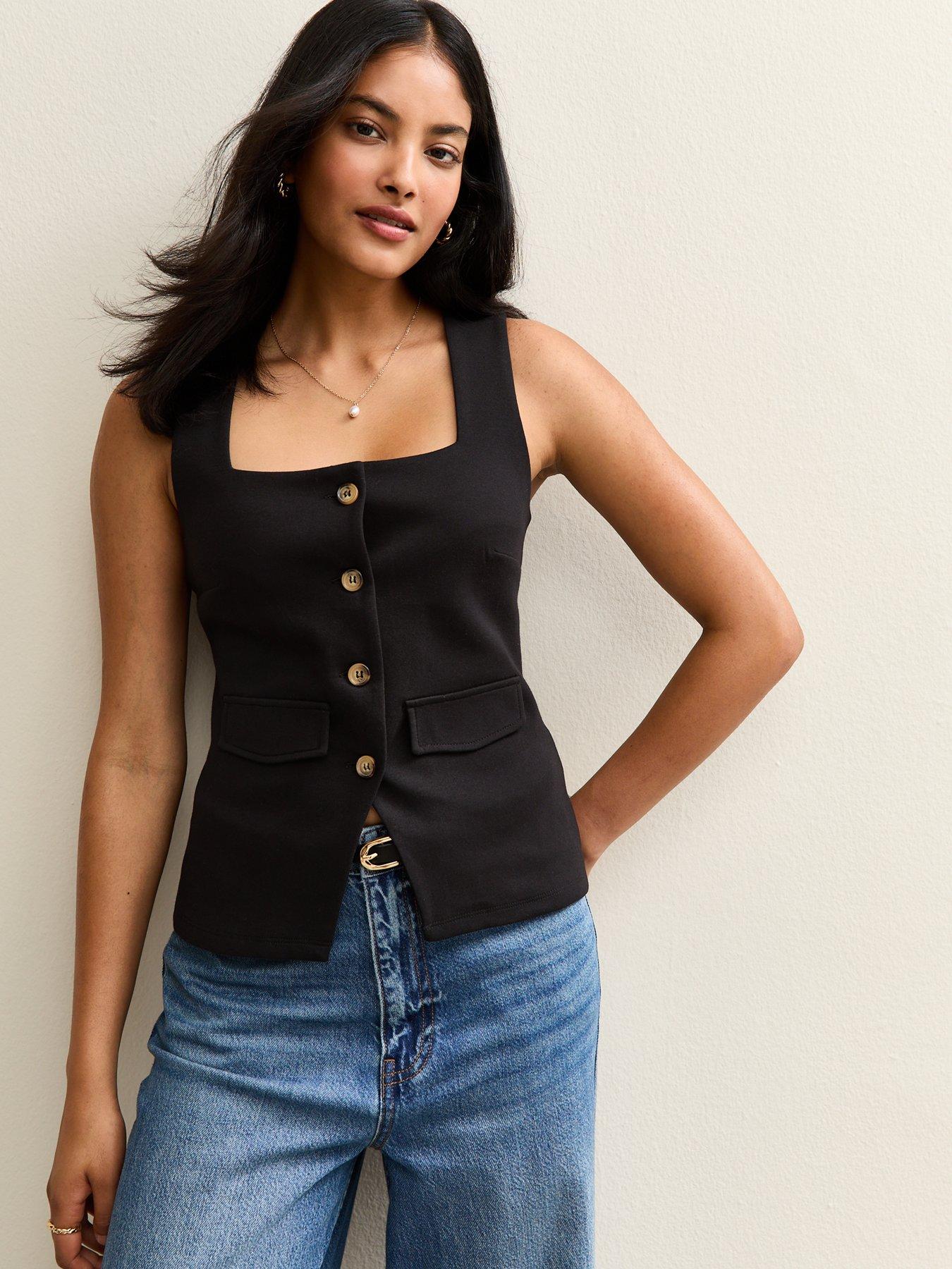 new-look-black-square-neck-button-through-sleeveless-top