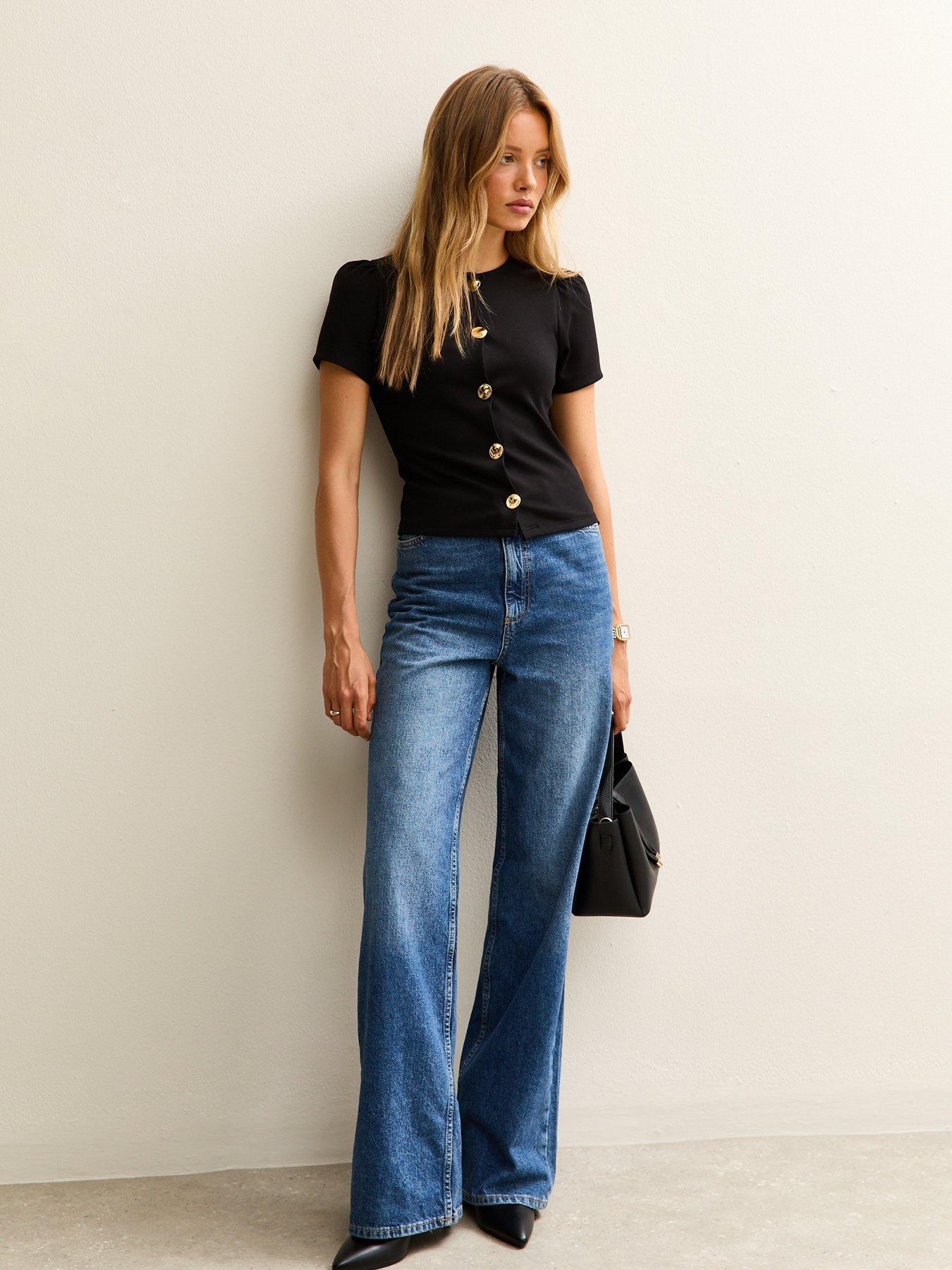 new-look-black-puff-sleeve-crew-neck-button-through-topback