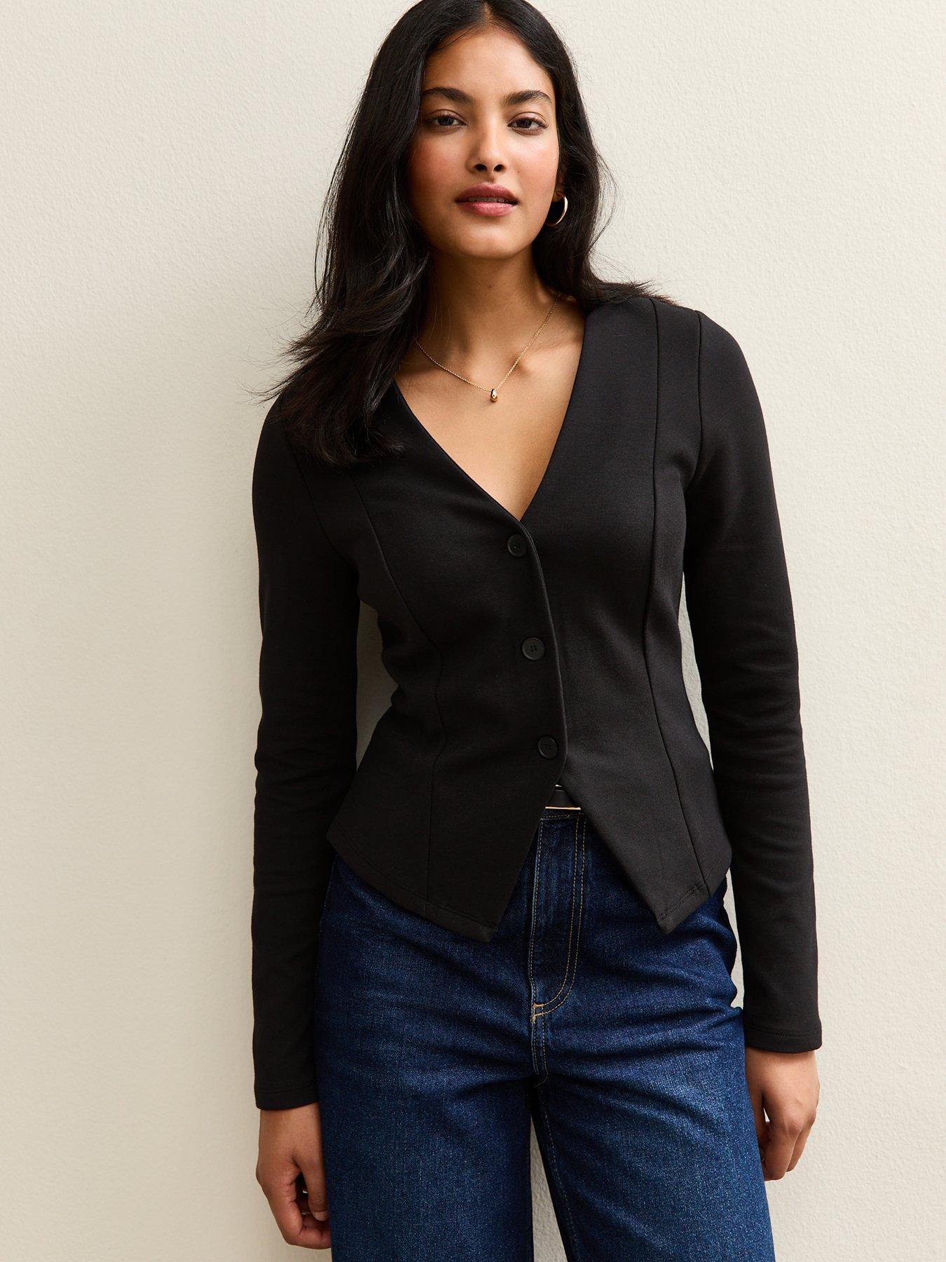 new-look-panelled-button-through-long-sleeve-top-black