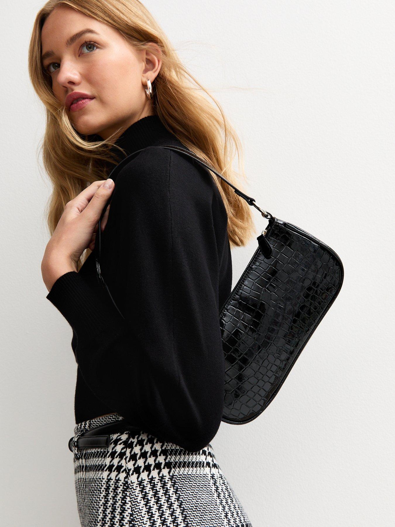 Image 2 of 5 of New Look Faux Leather Crocodile Embossed Shoulder Bag - Black