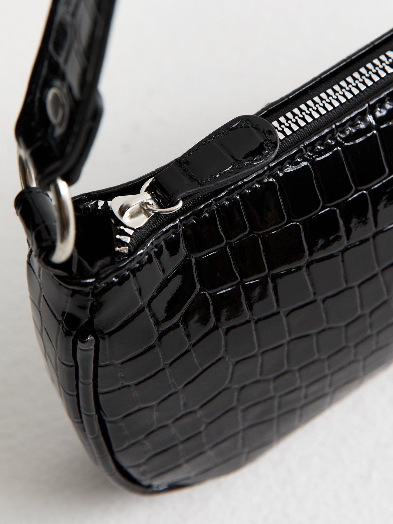 Image 3 of 5 of New Look Faux Leather Crocodile Embossed Shoulder Bag - Black