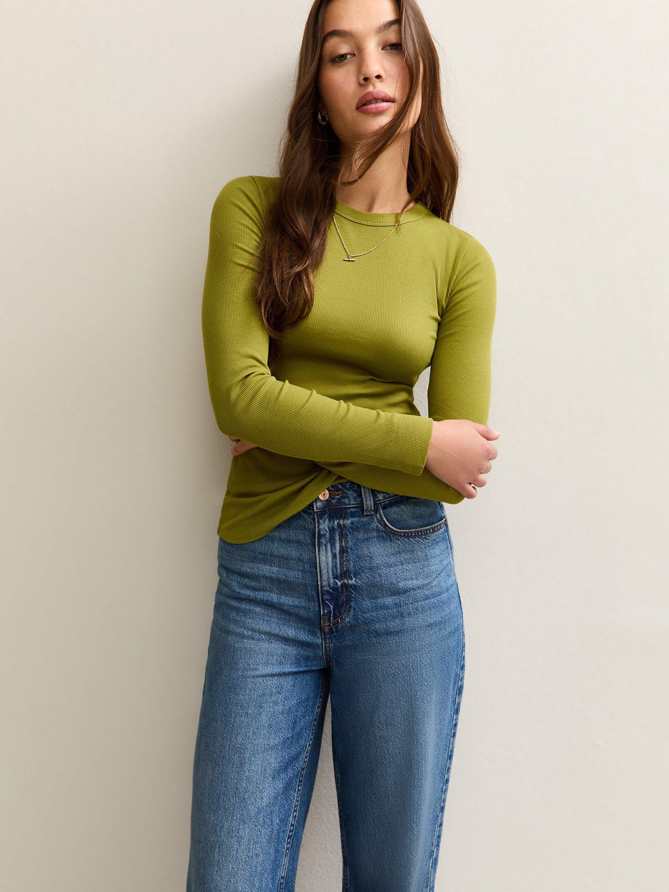 new-look-light-khaki-long-sleeve-ribbed-crew-neck-top
