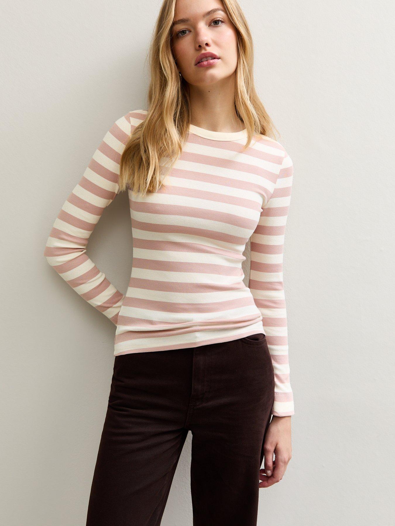 new-look-cream-striped-long-sleeve-ribbed-crew-neck-topoutfit
