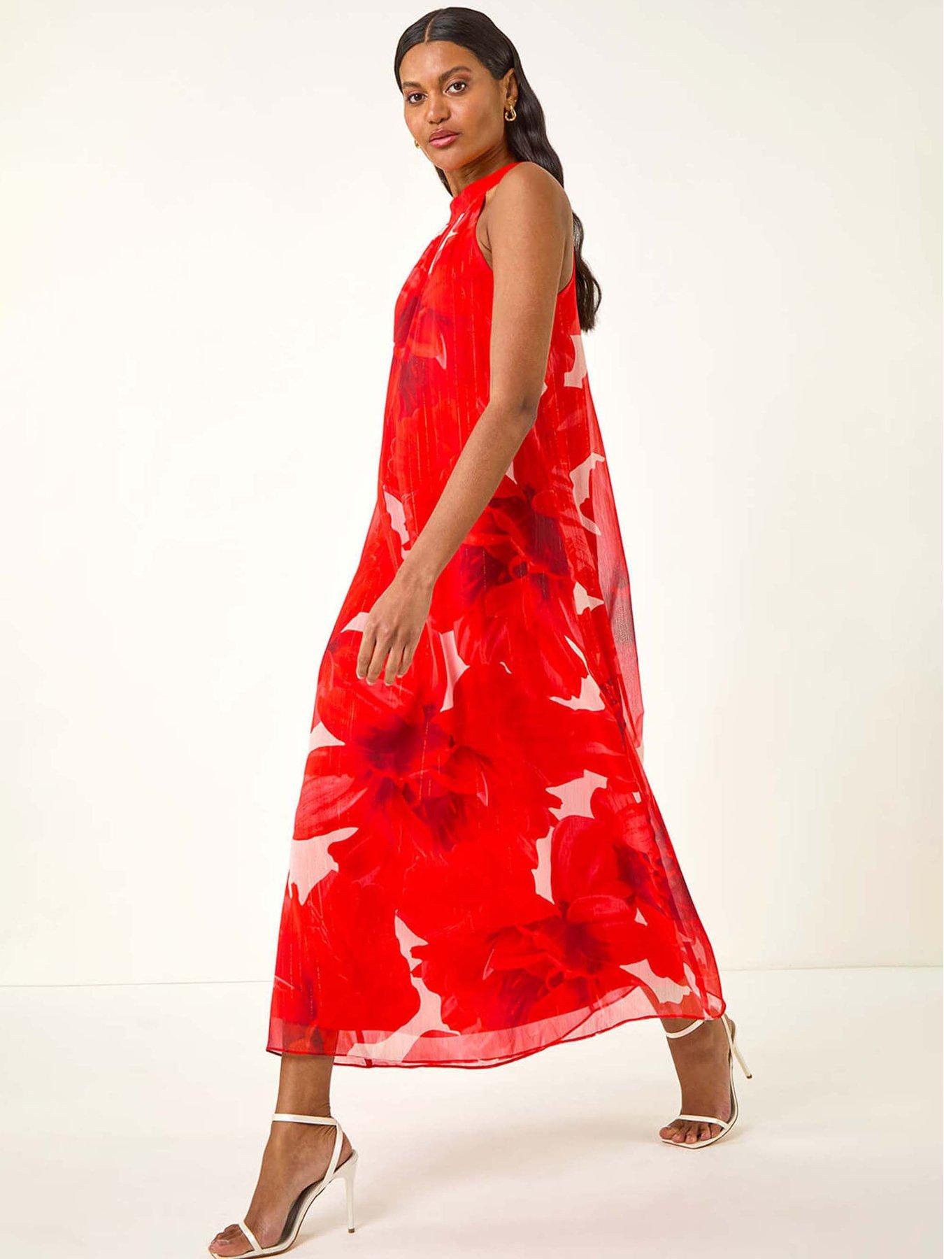 Roman Floral Halterneck Midi Dress - Red