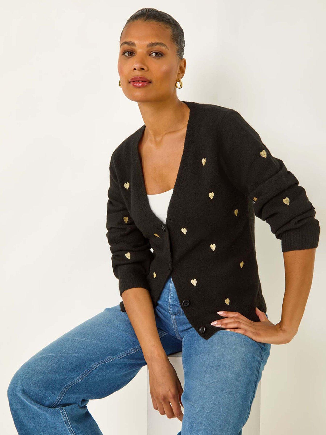 Roman Embroidered Heart Knit Cardigan - Black