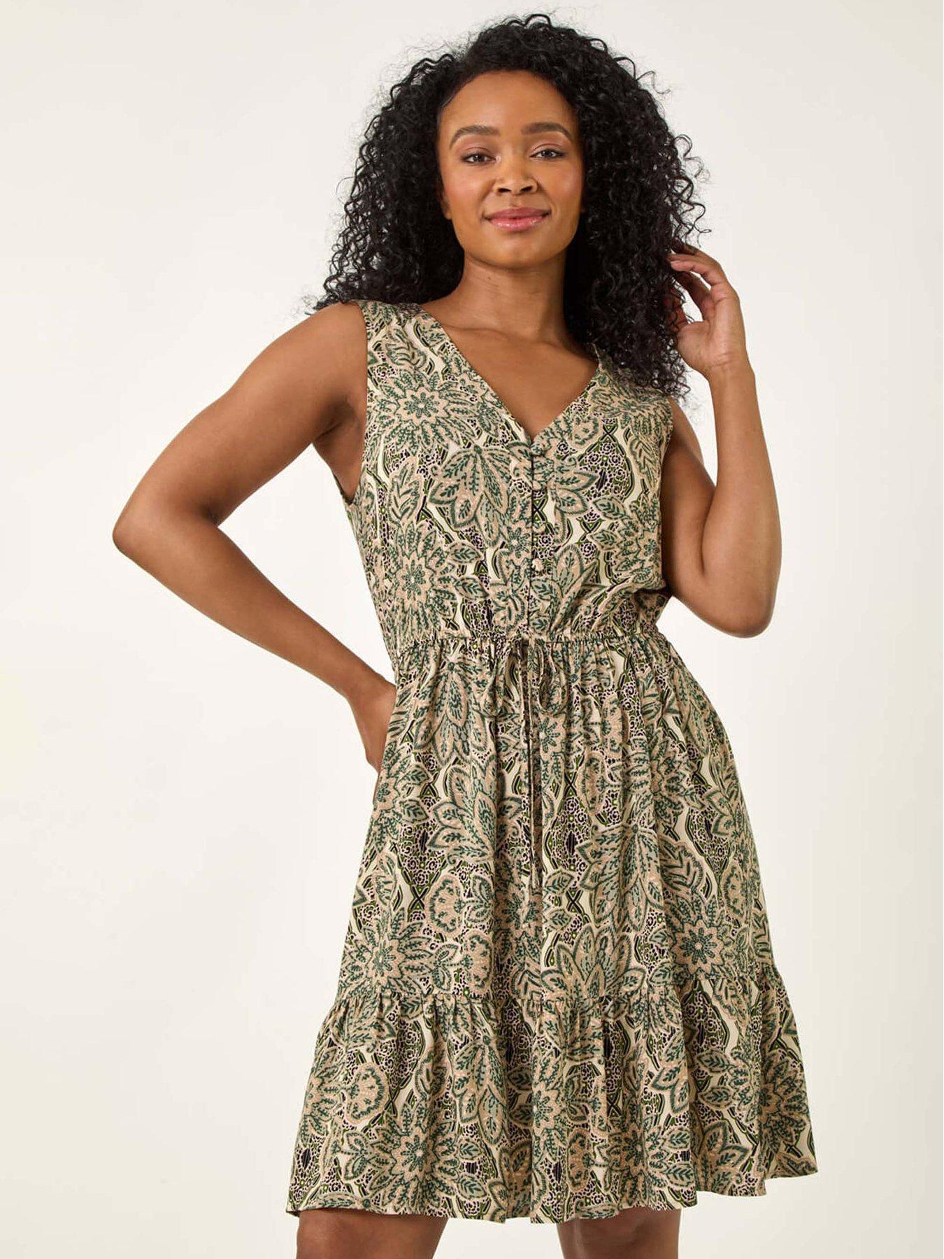 Roman Petite Paisley Tie Waist Dress - Stone
