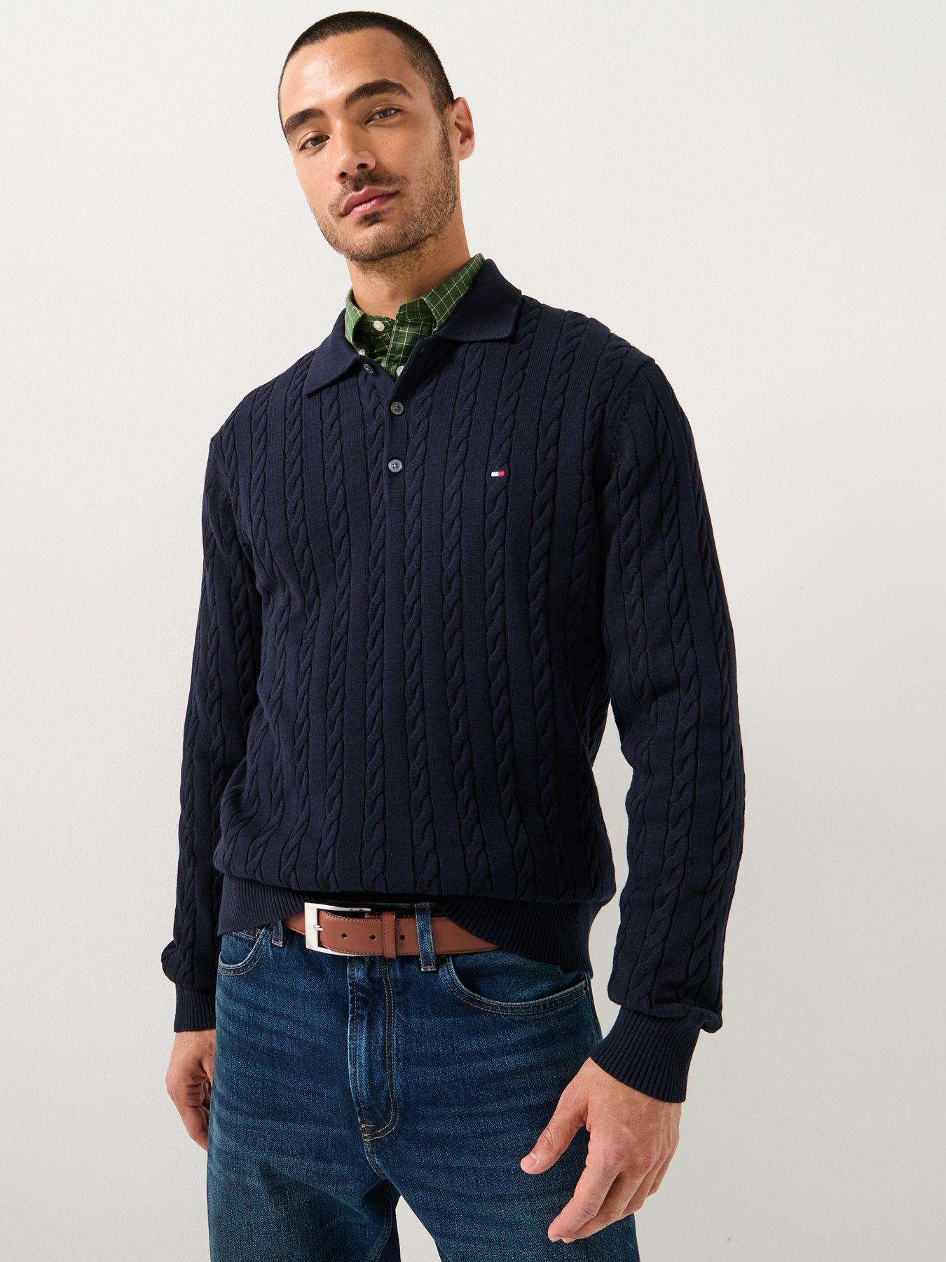 Tommy Hilfiger Classic Cotton Cable Long Sleeve Knitted Polo Shirt - Navy