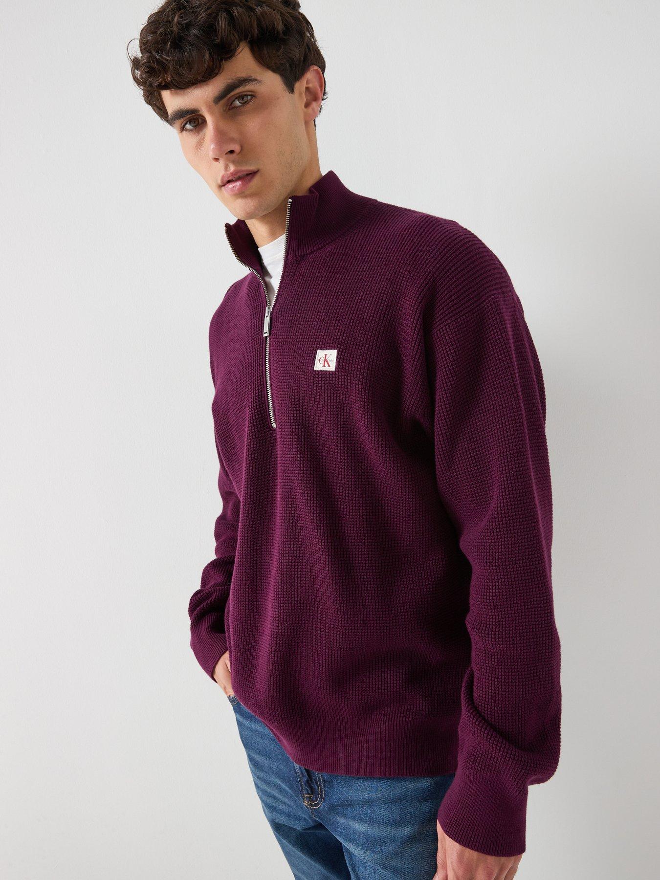 Calvin Klein Jeans Cotton Waffle 1/4 Zip Knitted Jumper - Purple