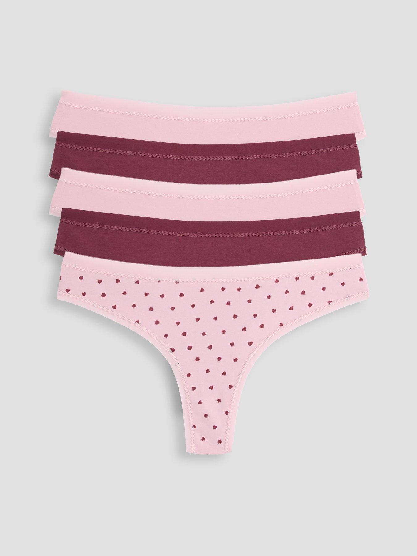 The Very Collection 5 Pack Cotton Plain And Printed Thongs Hearts - Pink