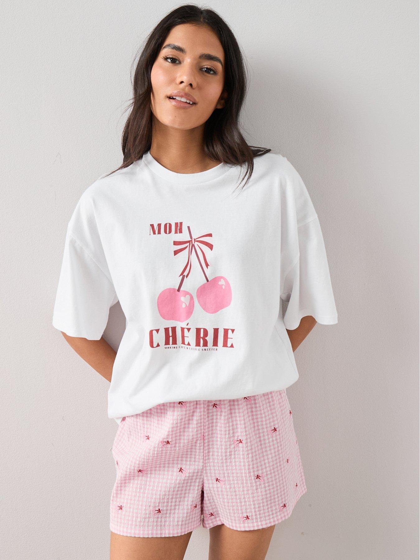 Image 1 of 6 of The Very Collection Short Sleeve Cherry Pyjama Set - White