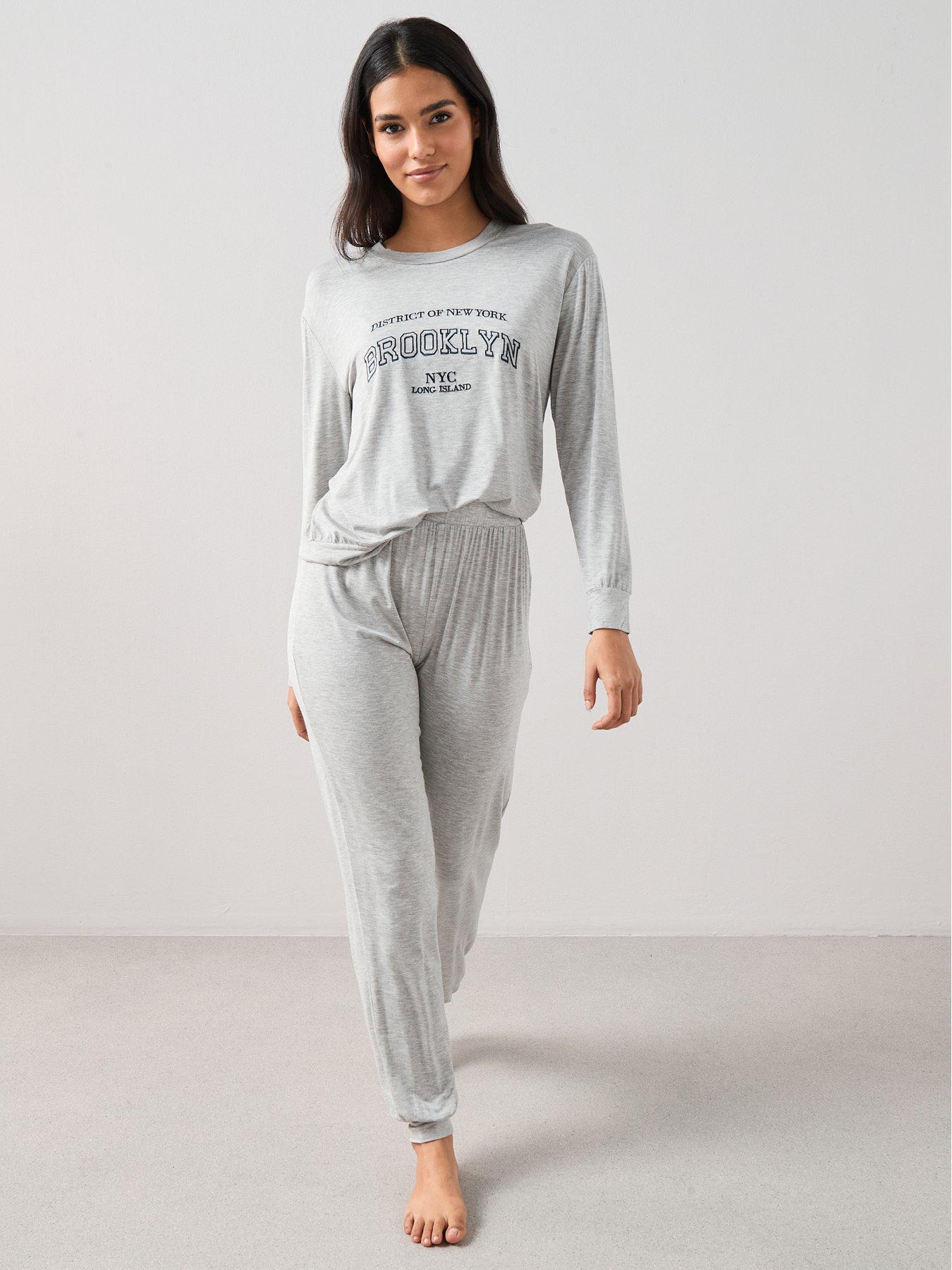 The Very Collection Embroidered Slogan Long Sleeve Top And Jogger Pyjama Set - Grey