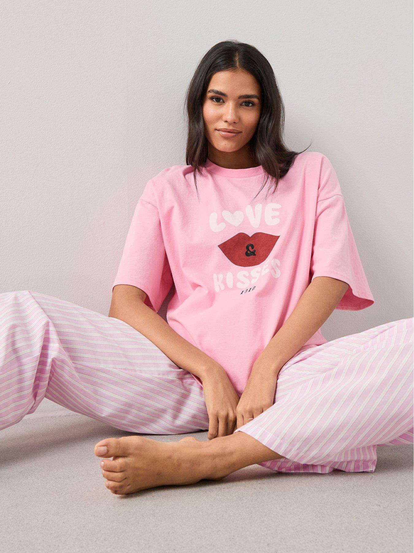The Very Collection Love And Kisses Oversized Cotton Tshirt And Woven Stripe Bottom Pyjama Set - Pink