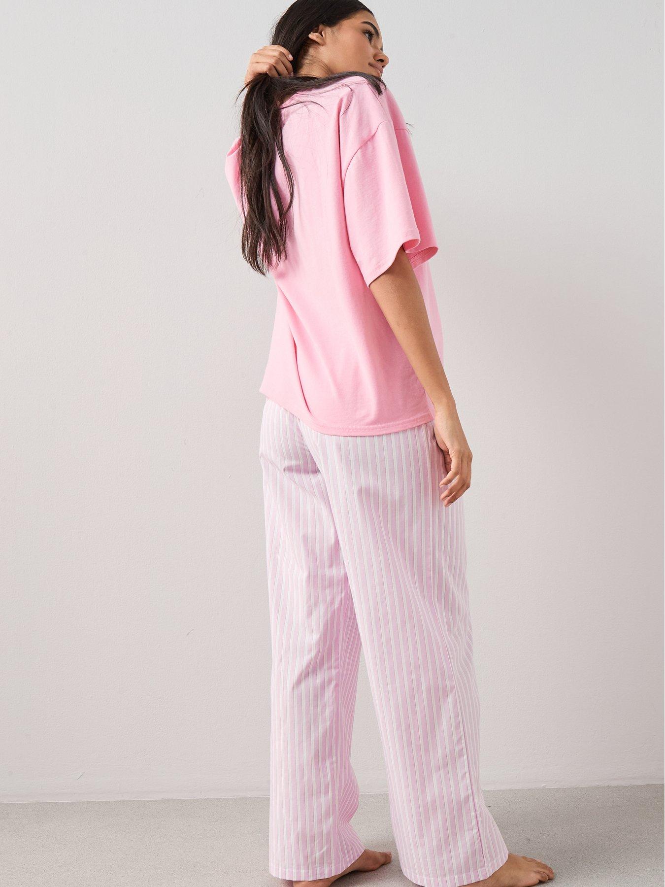 Image 2 of 6 of The Very Collection Love And Kisses Cotton Tshirt And Woven Stripe Bottom Pj Set - Pink