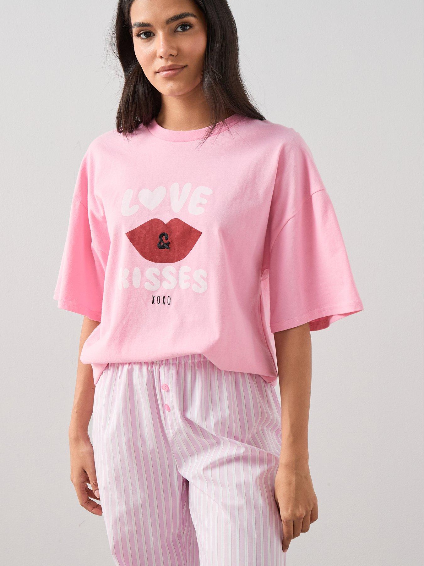 Image 3 of 6 of The Very Collection Love And Kisses Cotton Tshirt And Woven Stripe Bottom Pj Set - Pink