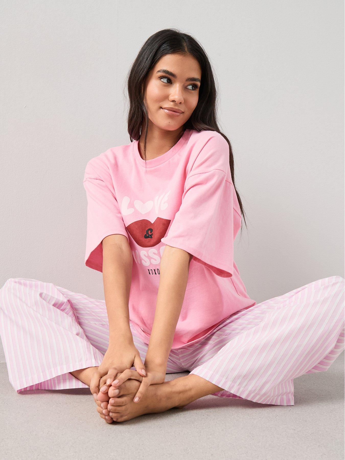 Image 4 of 6 of The Very Collection Love And Kisses Cotton Tshirt And Woven Stripe Bottom Pj Set - Pink