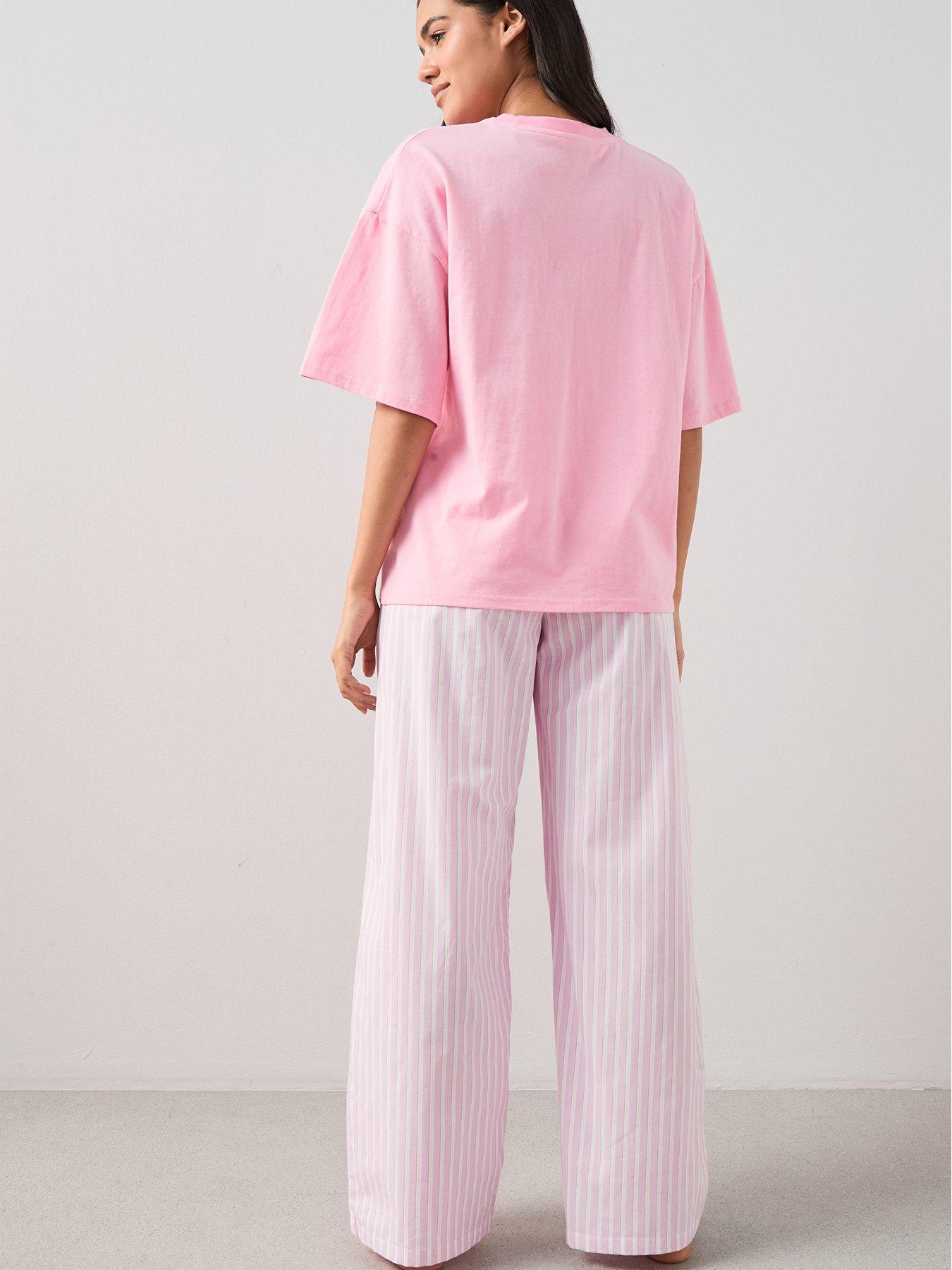 Image 5 of 6 of The Very Collection Love And Kisses Cotton Tshirt And Woven Stripe Bottom Pj Set - Pink