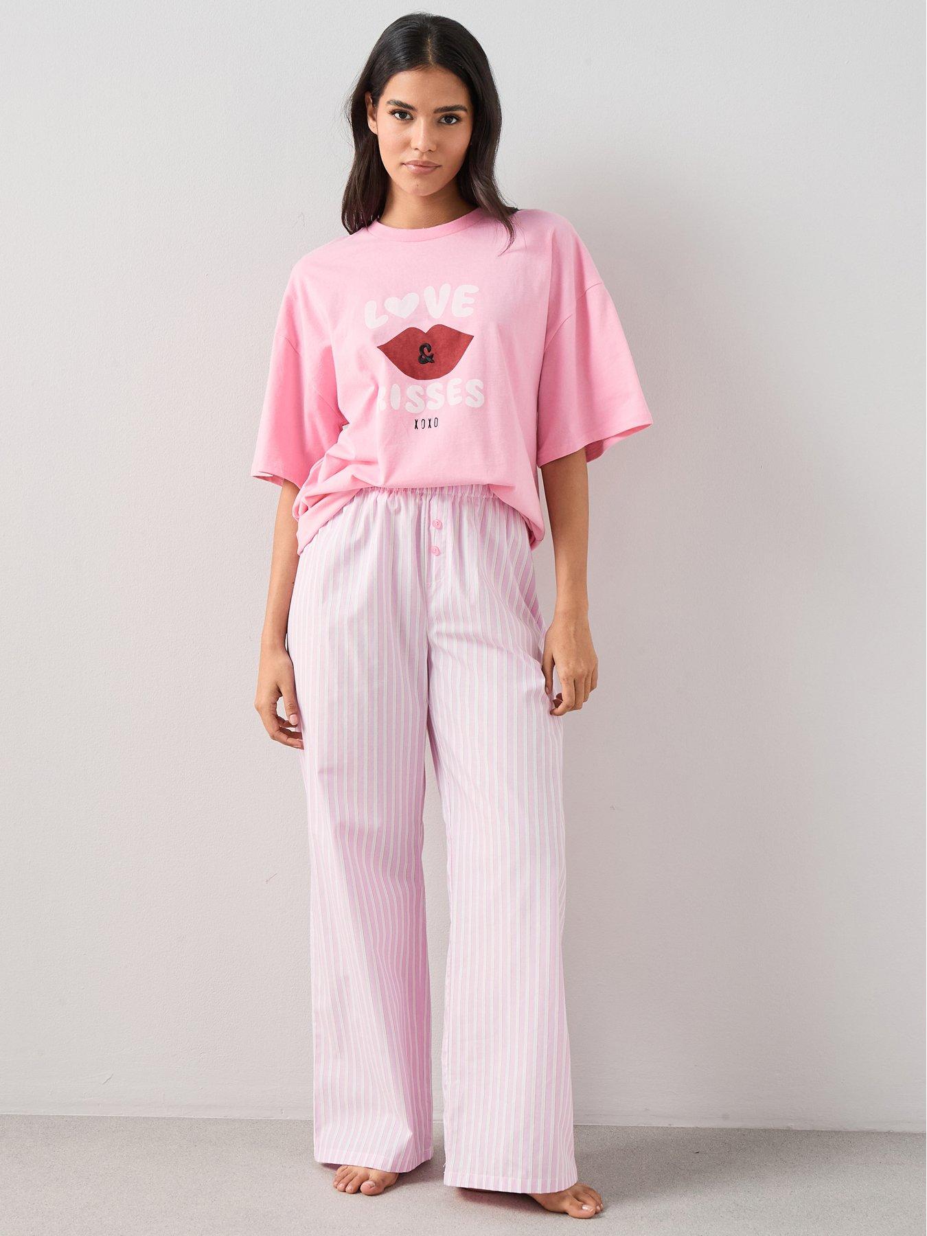 Image 6 of 6 of The Very Collection Love And Kisses Cotton Tshirt And Woven Stripe Bottom Pj Set - Pink