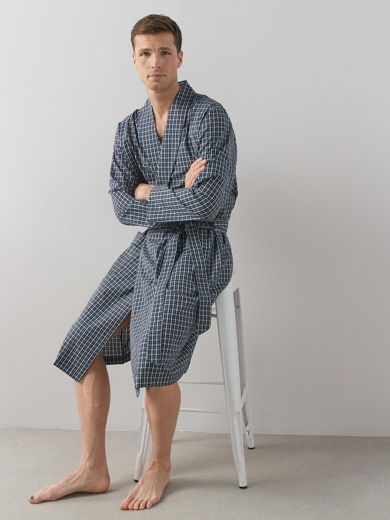 Image 3 of 7 of The Very Collection Pure Cotton Checked Dressing Gown - Navy