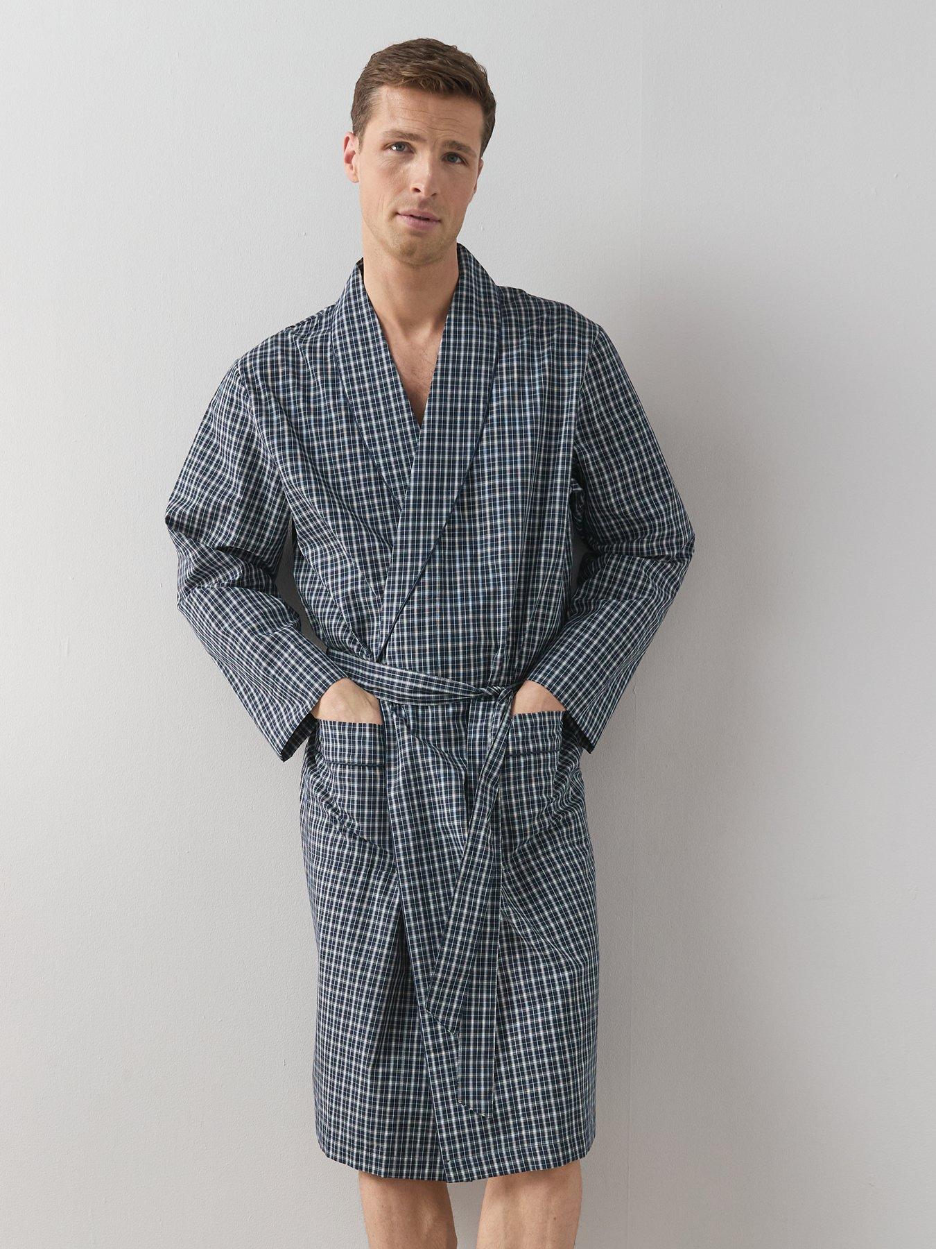 Image 4 of 7 of The Very Collection Pure Cotton Checked Dressing Gown - Navy