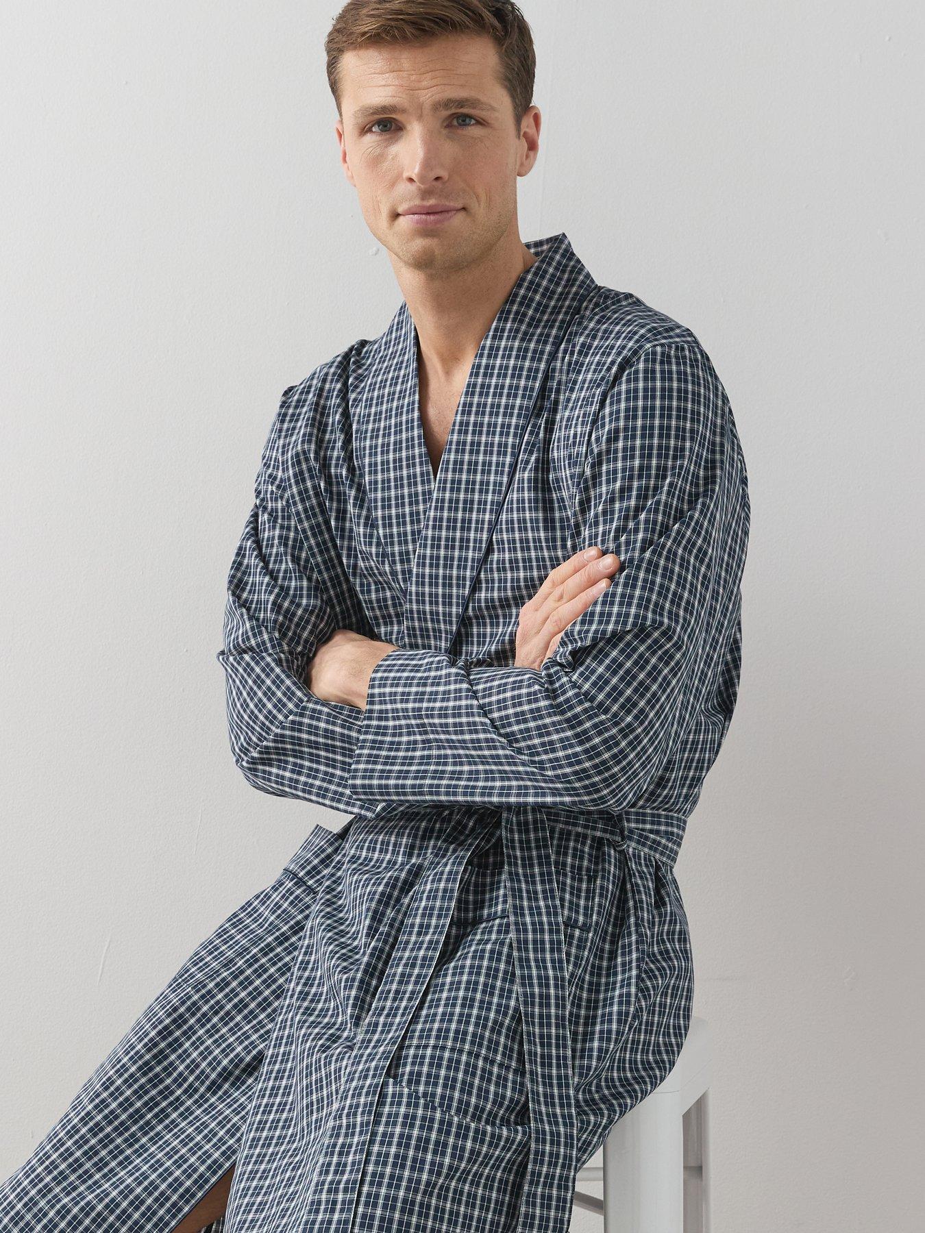 Image 5 of 7 of The Very Collection Pure Cotton Checked Dressing Gown - Navy