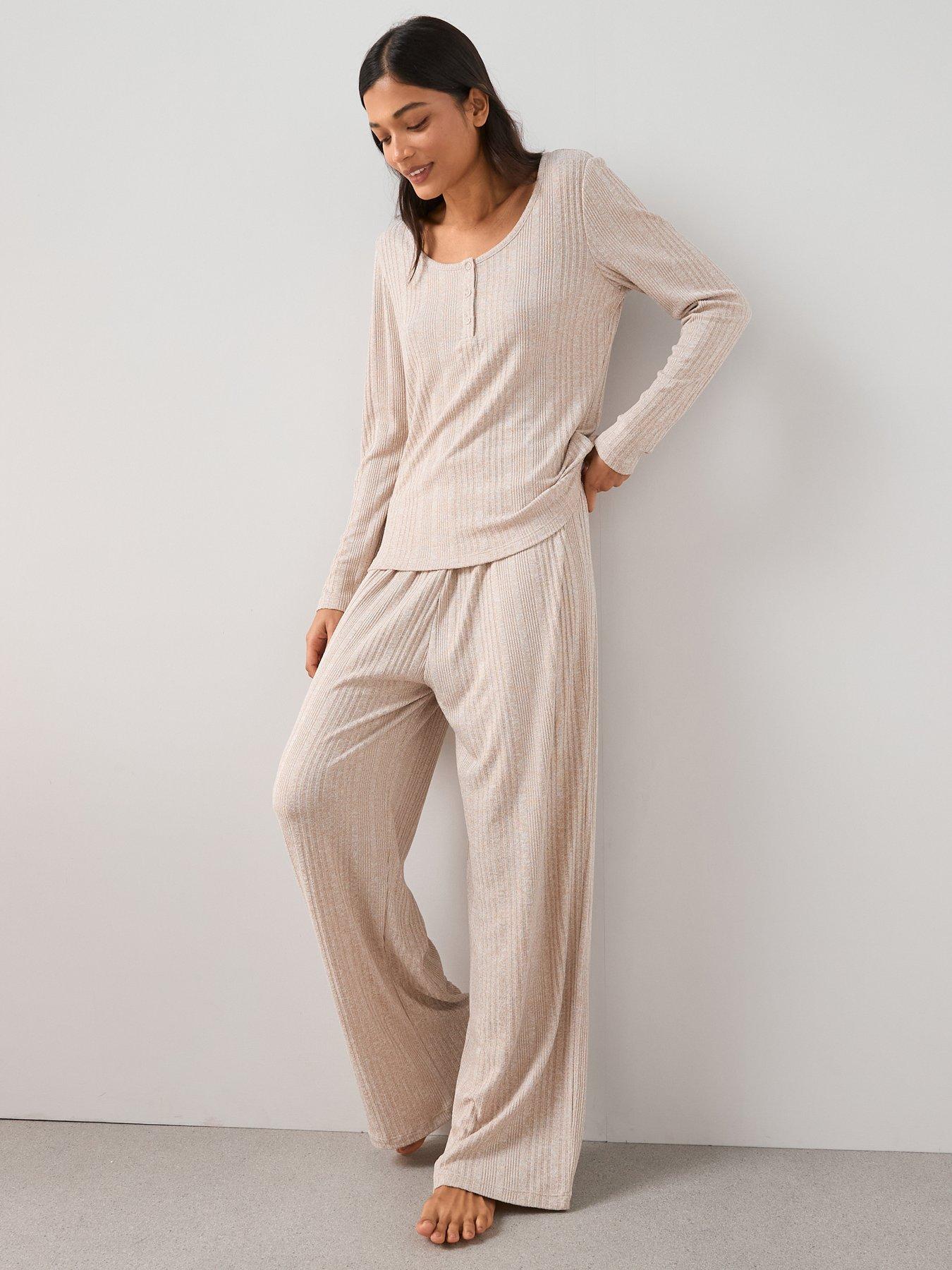 The Very Collection Ribbed Henley Long Sleeve Top And Wide Leg Pyjama Set - Beige