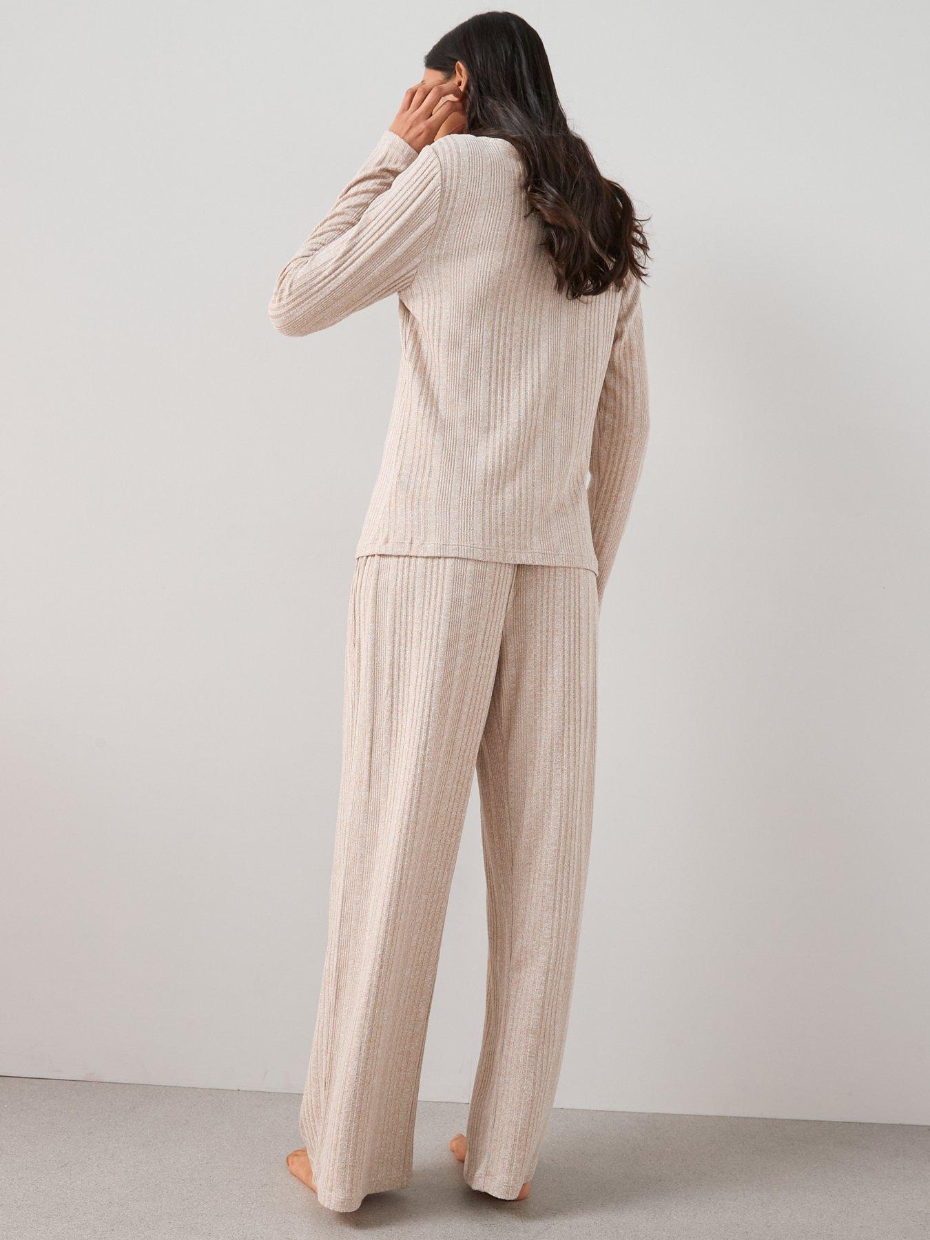 Image 2 of 6 of The Very Collection Ribbed Button Down Cardigan Pyjama Set - Beige