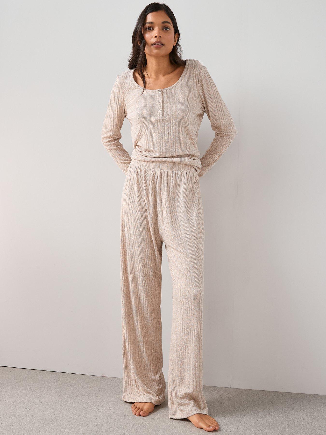 Image 3 of 6 of The Very Collection Ribbed Button Down Cardigan Pyjama Set - Beige