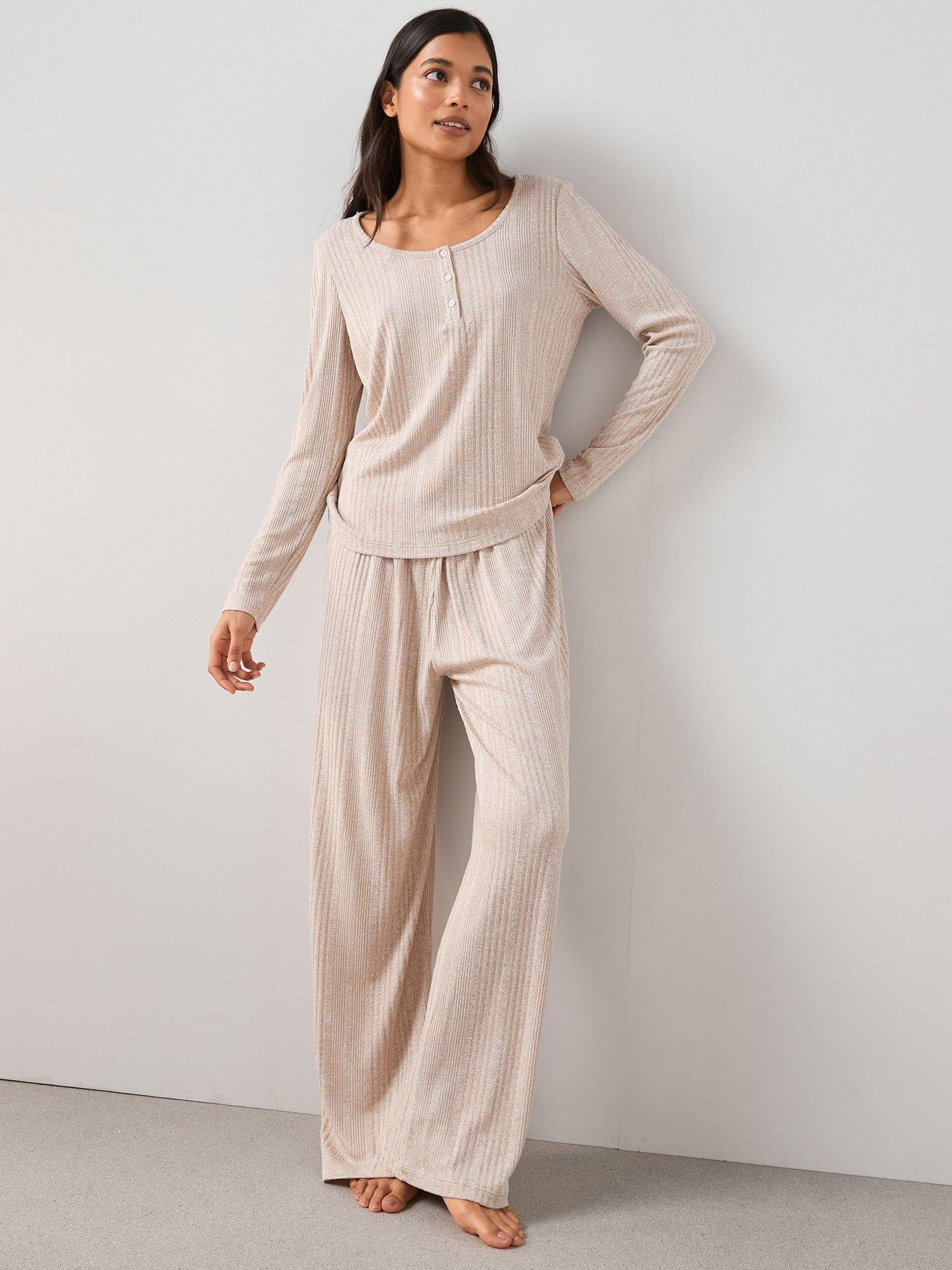 Image 4 of 6 of The Very Collection Ribbed Button Down Cardigan Pyjama Set - Beige