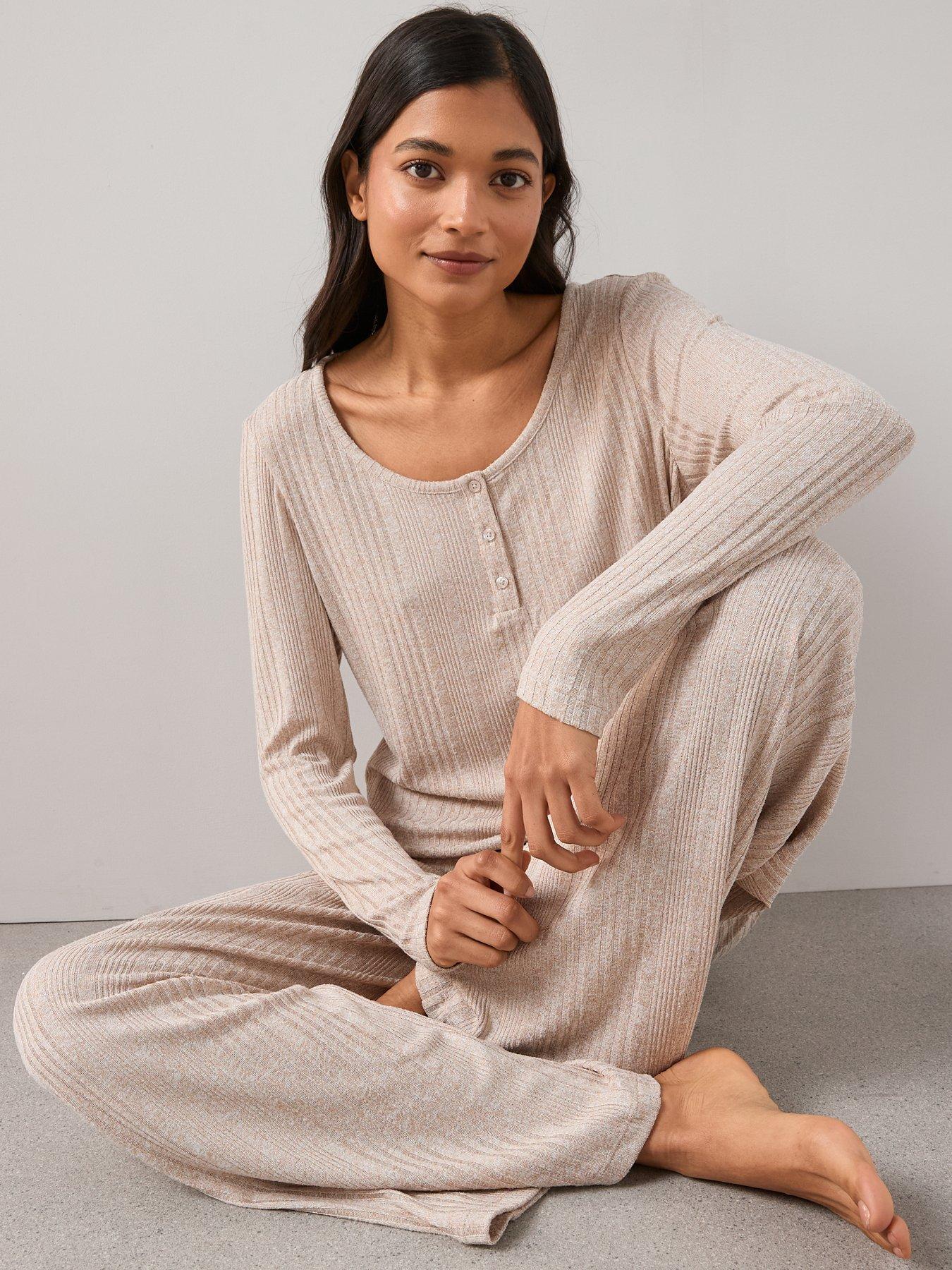 Image 6 of 6 of The Very Collection Ribbed Button Down Cardigan Pyjama Set - Beige