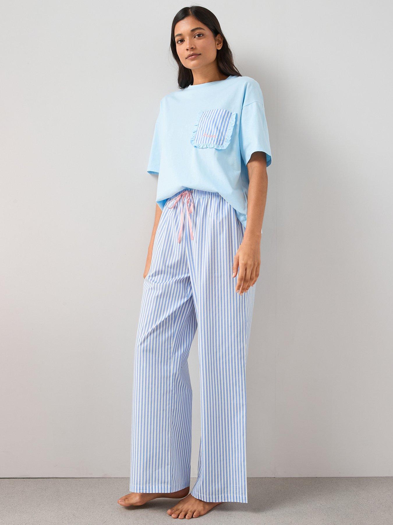 the-very-collection-short-sleeve-contrast-pocket-t-shirt-and-stripe-bottom-pyjama-set-blue
