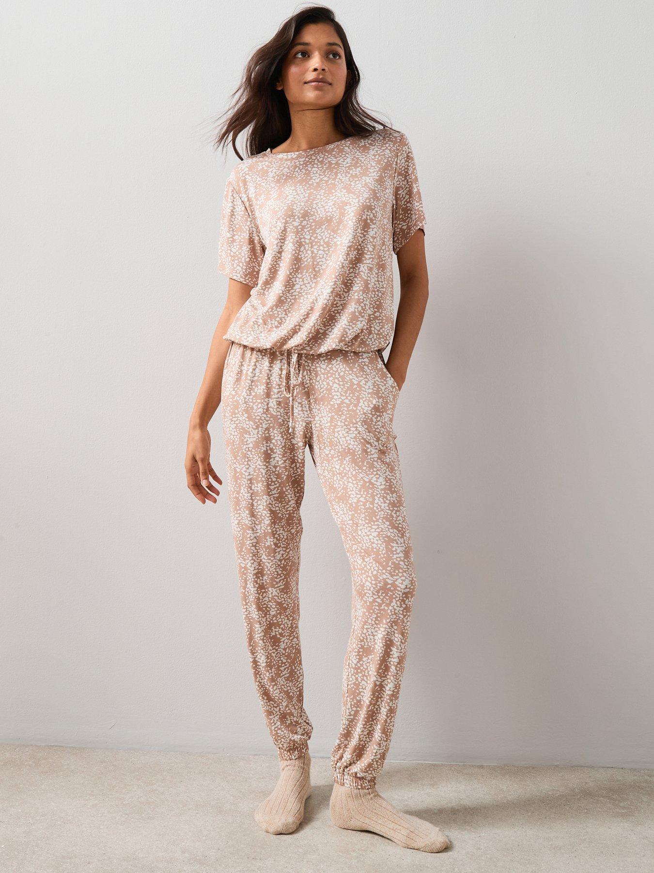 The Very Collection Slouchy Tie Front Animal Print Short Sleeve And Jogger Pyjama Set - Beige