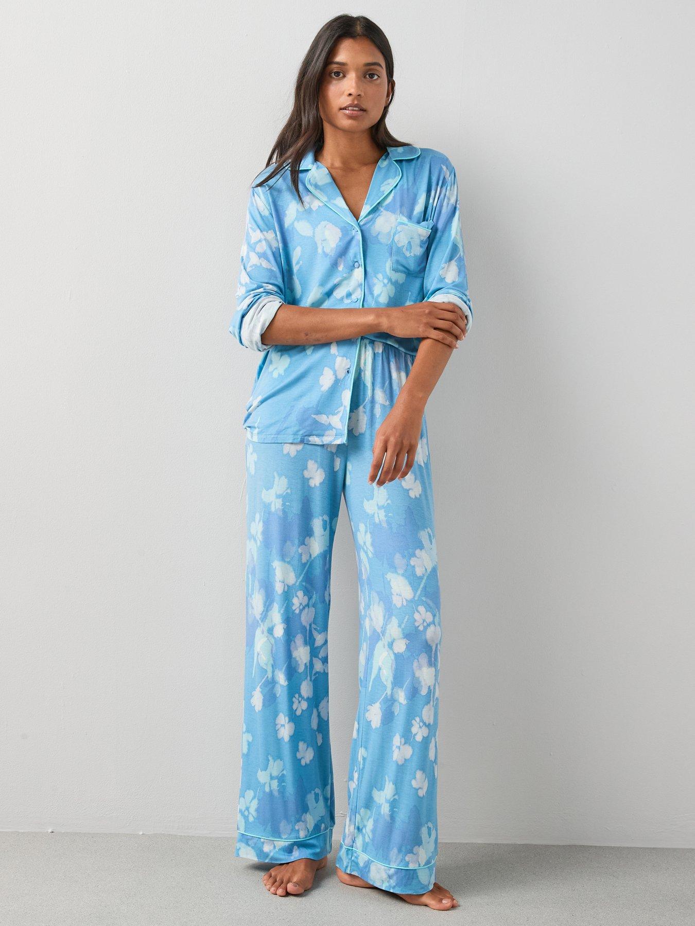 Image 1 of 7 of The Very Collection Floral Jersey Revere Pyjama Set - Blue