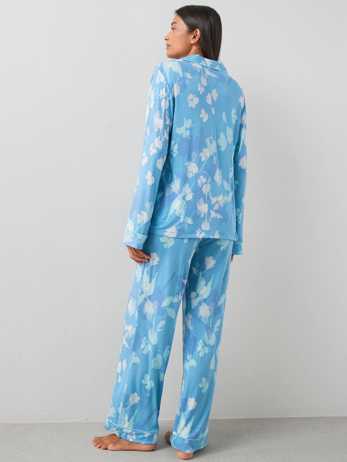 Image 2 of 7 of The Very Collection Floral Jersey Revere Pyjama Set - Blue