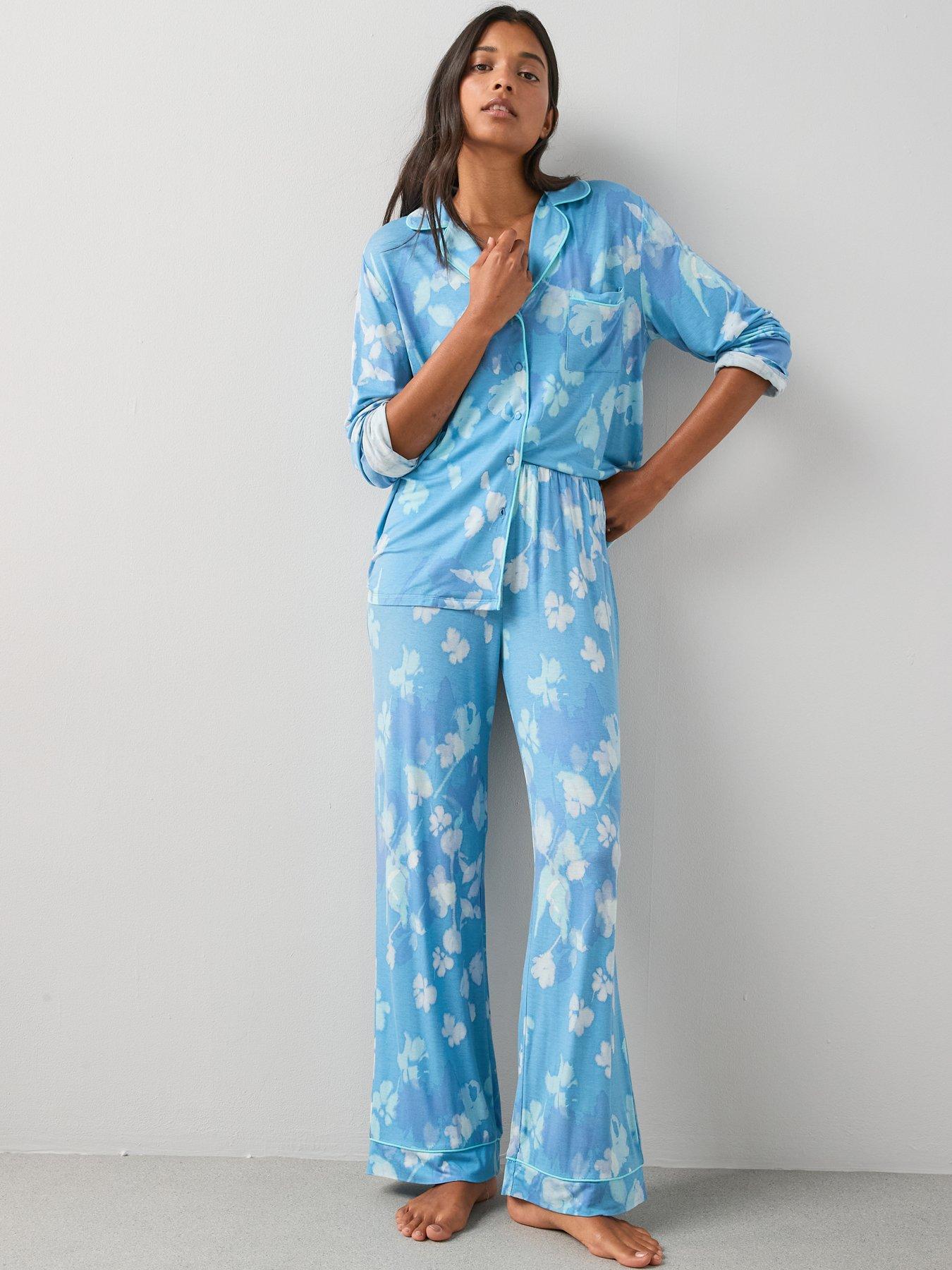 Image 3 of 7 of The Very Collection Floral Jersey Revere Pyjama Set - Blue