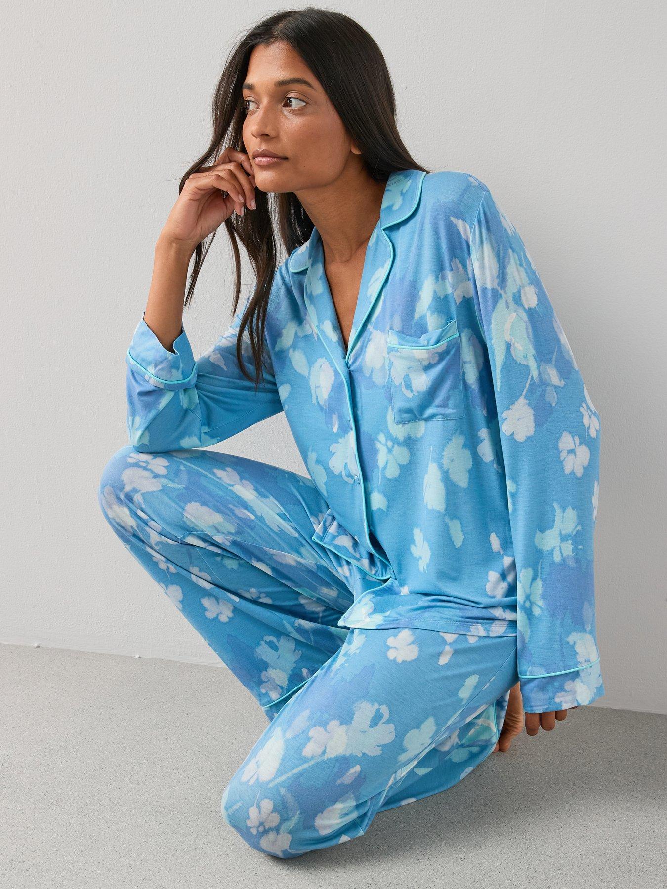 Image 4 of 7 of The Very Collection Floral Jersey Revere Pyjama Set - Blue