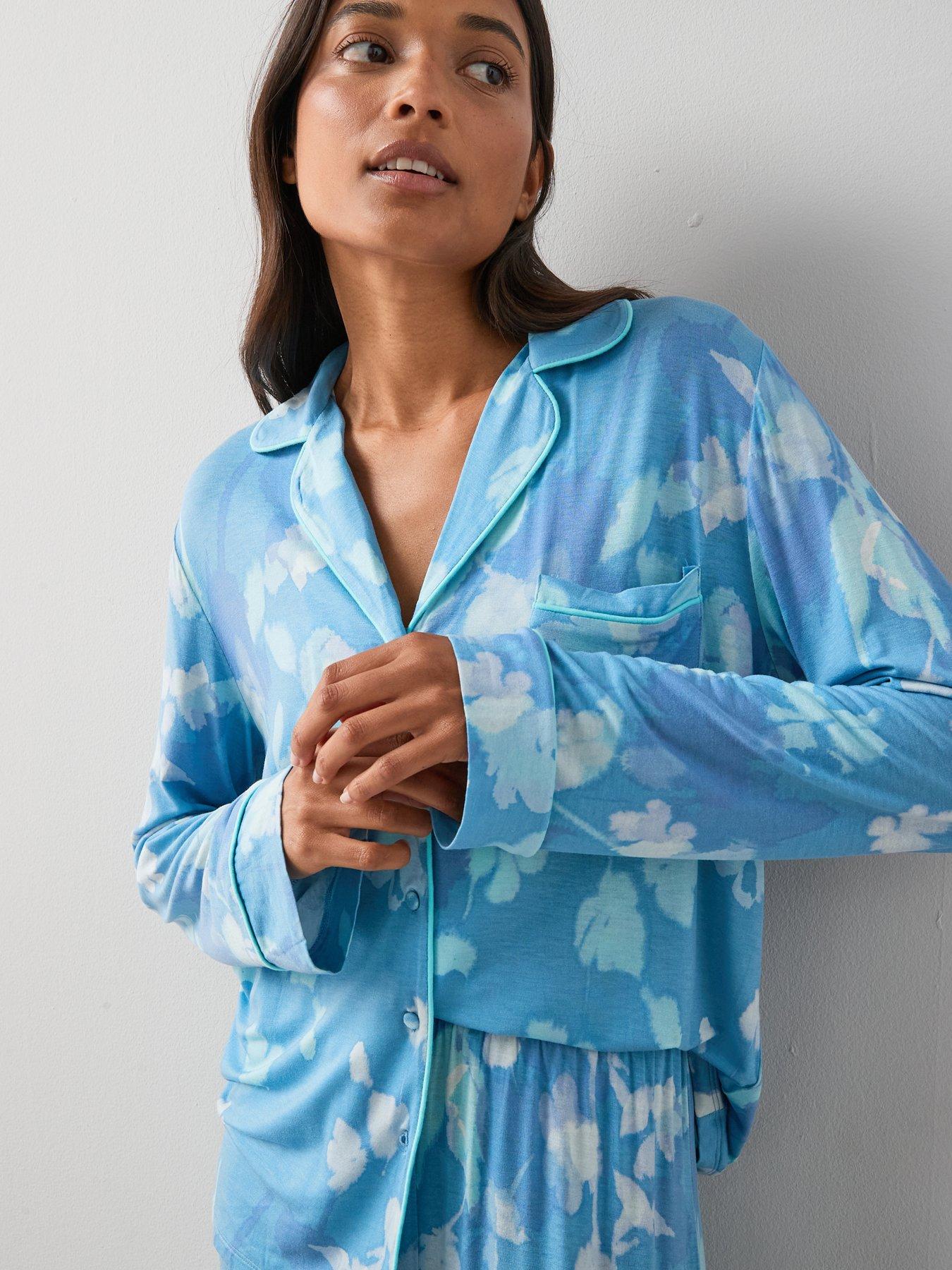 Image 5 of 7 of The Very Collection Floral Jersey Revere Pyjama Set - Blue